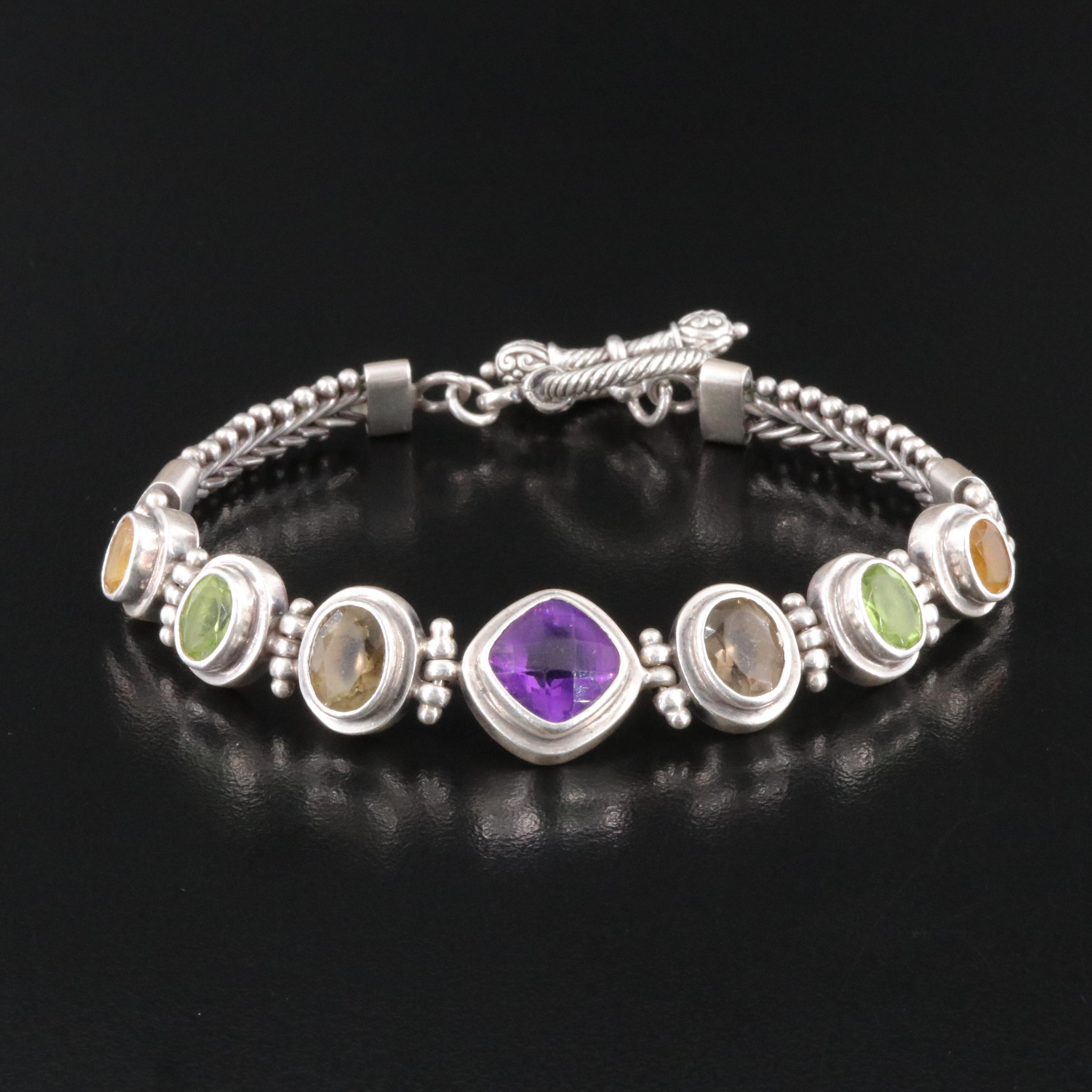 Sterling Gemstone Bracelet Including Amethyst, Peridot and Smoky Quartz