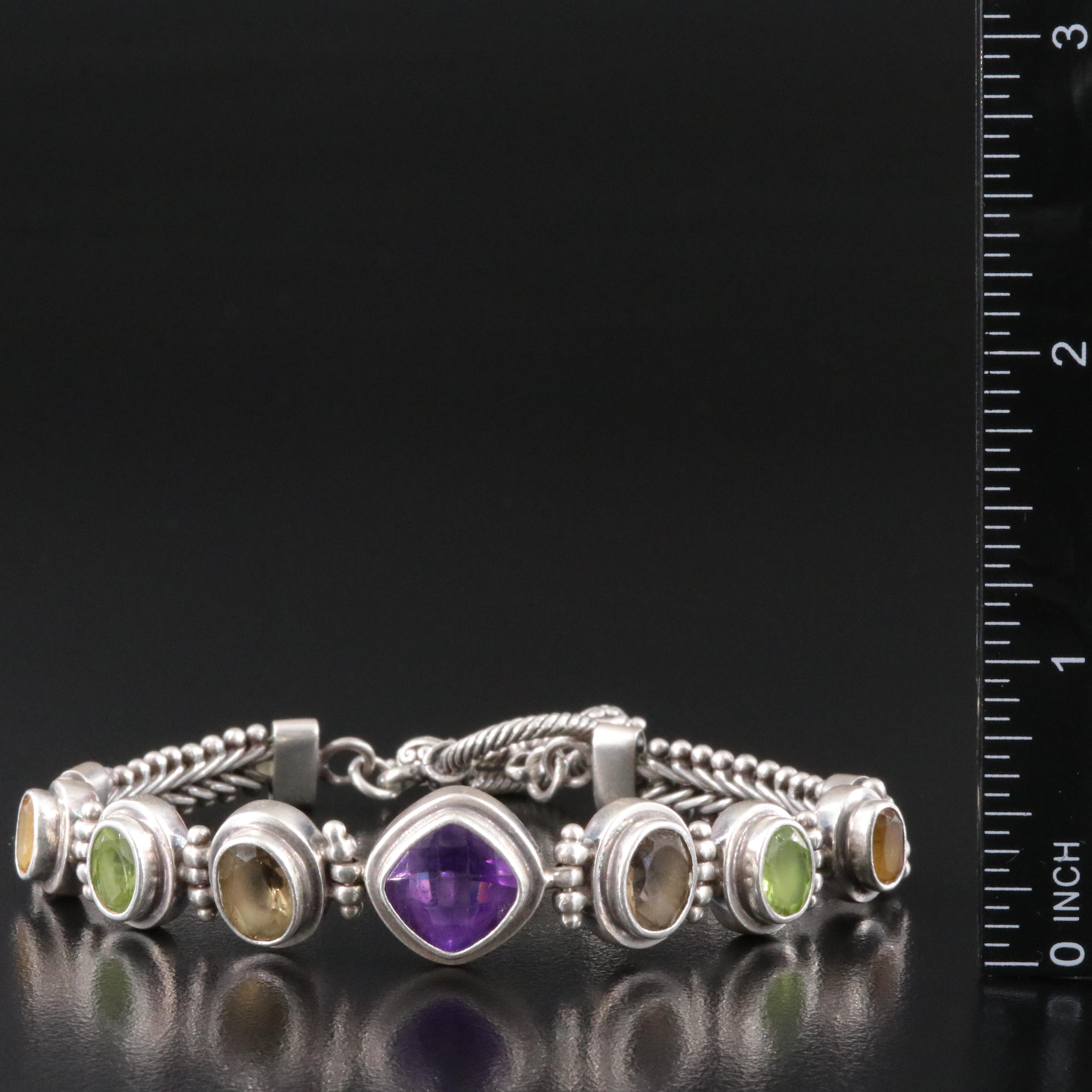 Sterling Gemstone Bracelet Including Amethyst, Peridot and Smoky Quartz
