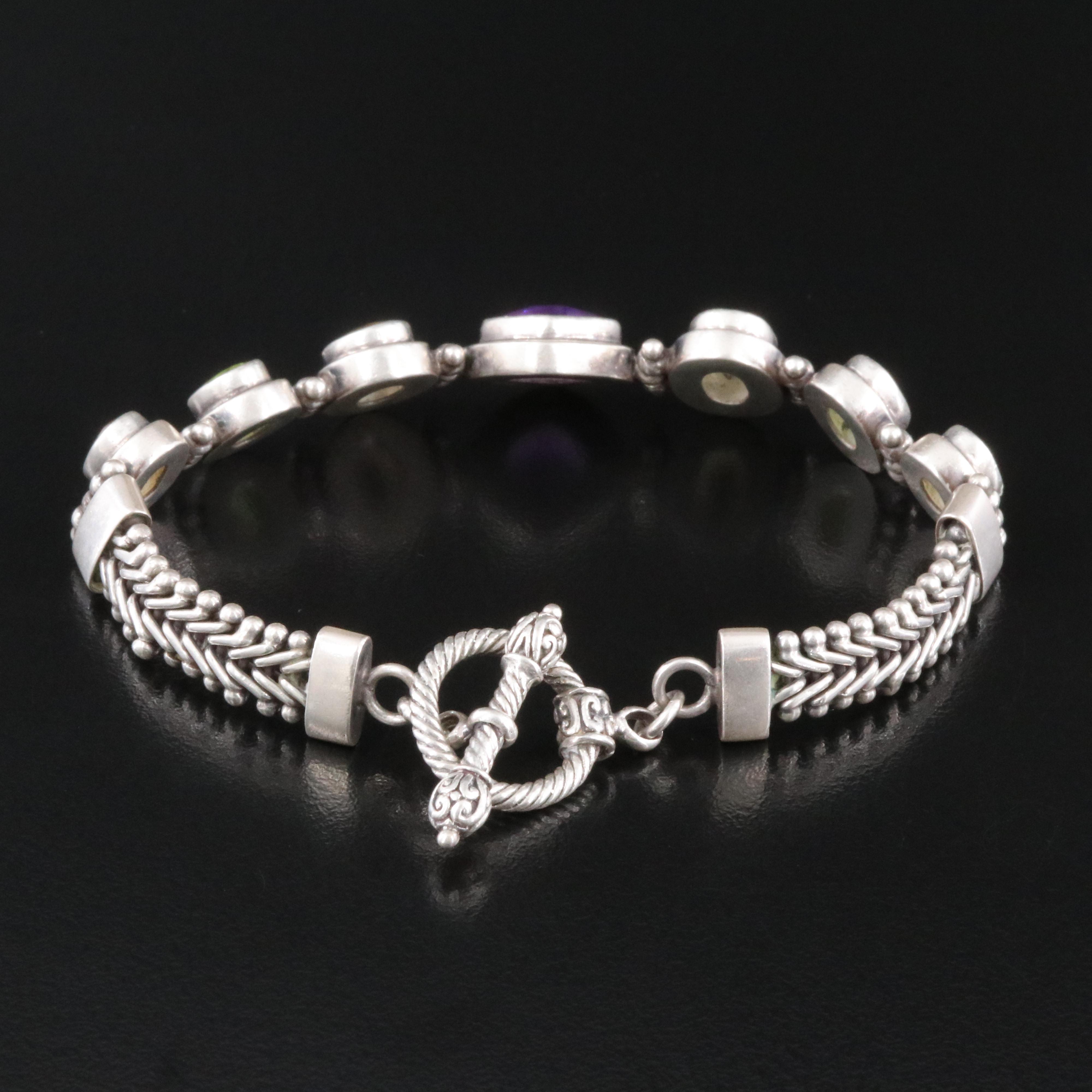 Sterling Gemstone Bracelet Including Amethyst, Peridot and Smoky Quartz