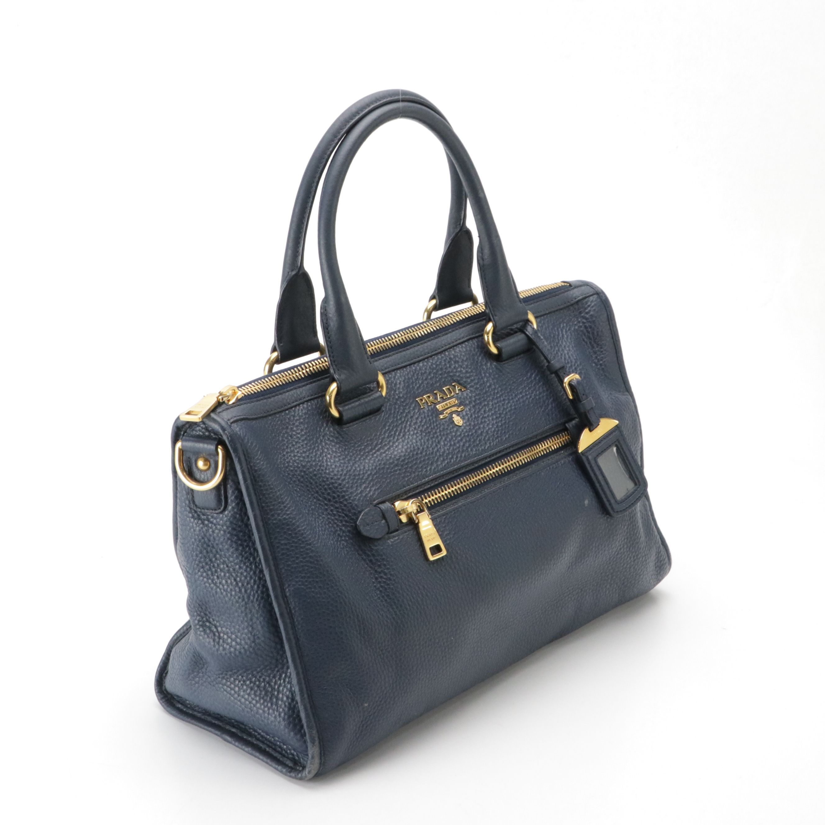 Prada Front Zip Top Handle Two-Way Bag in Dark Blue Vitello Daino Leather