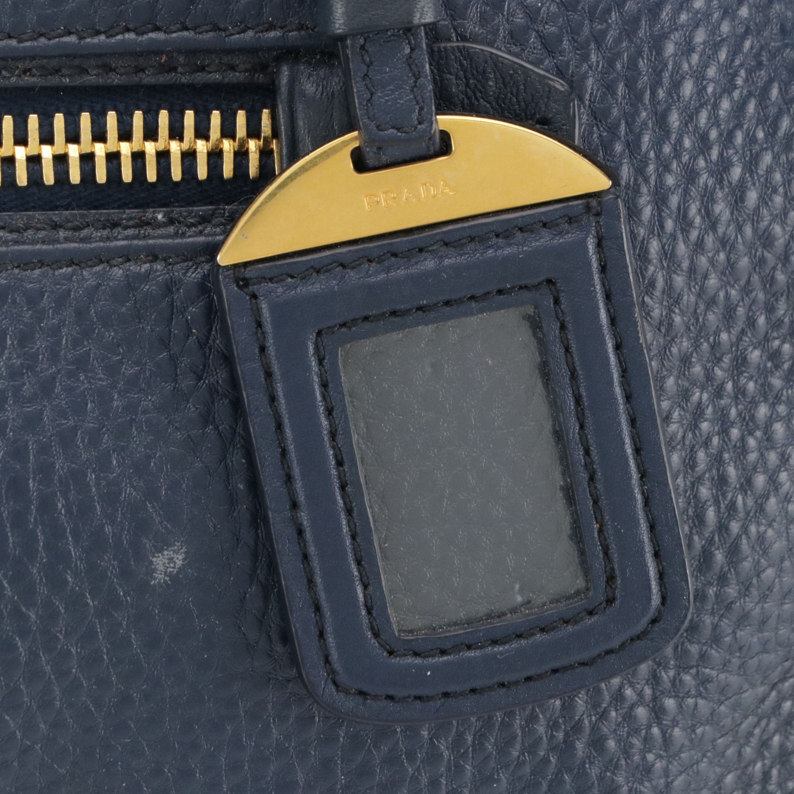 Prada Front Zip Top Handle Two-Way Bag in Dark Blue Vitello Daino Leather