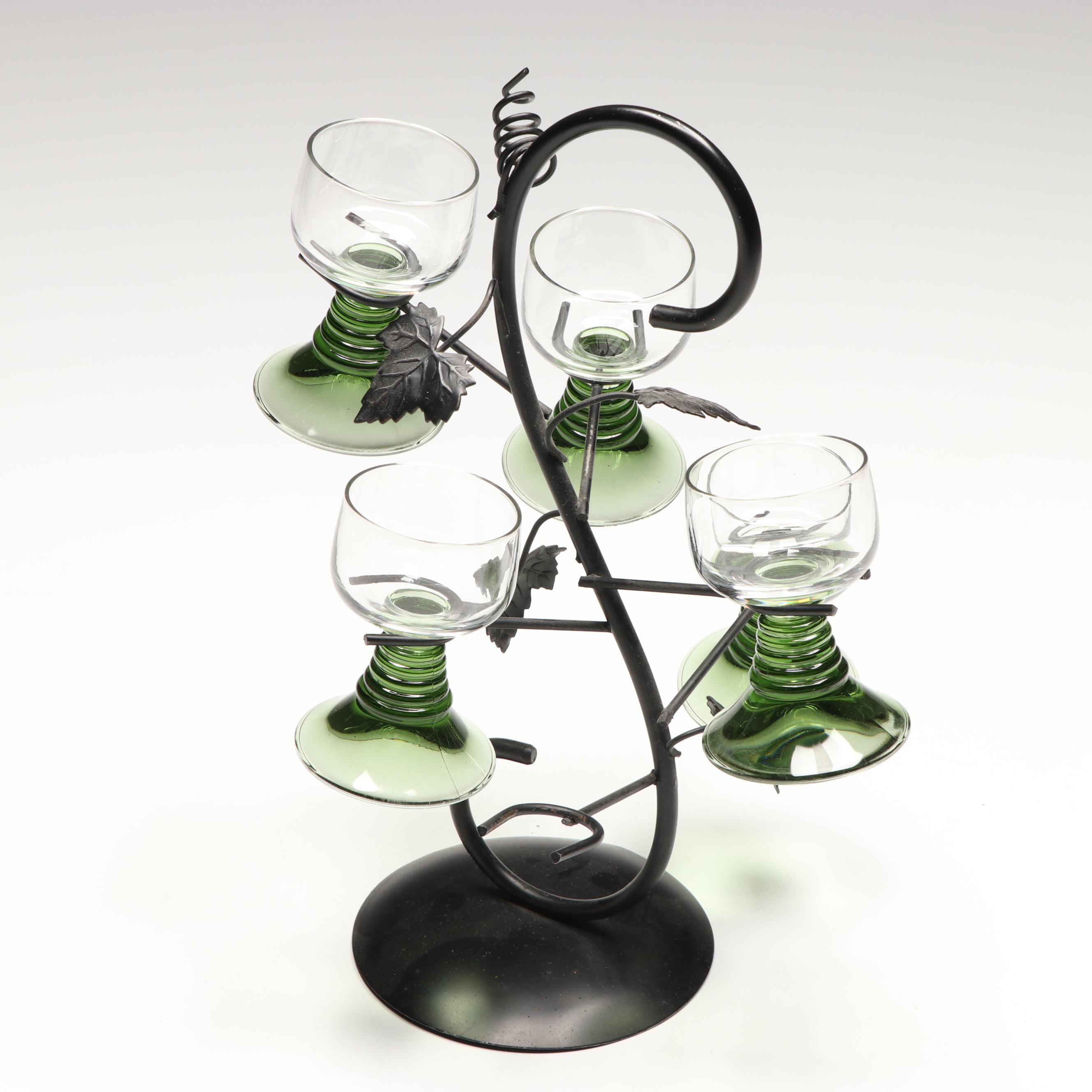 Alsatian Style Green Glass Cordials and Wine Glasses with Metal Stand
