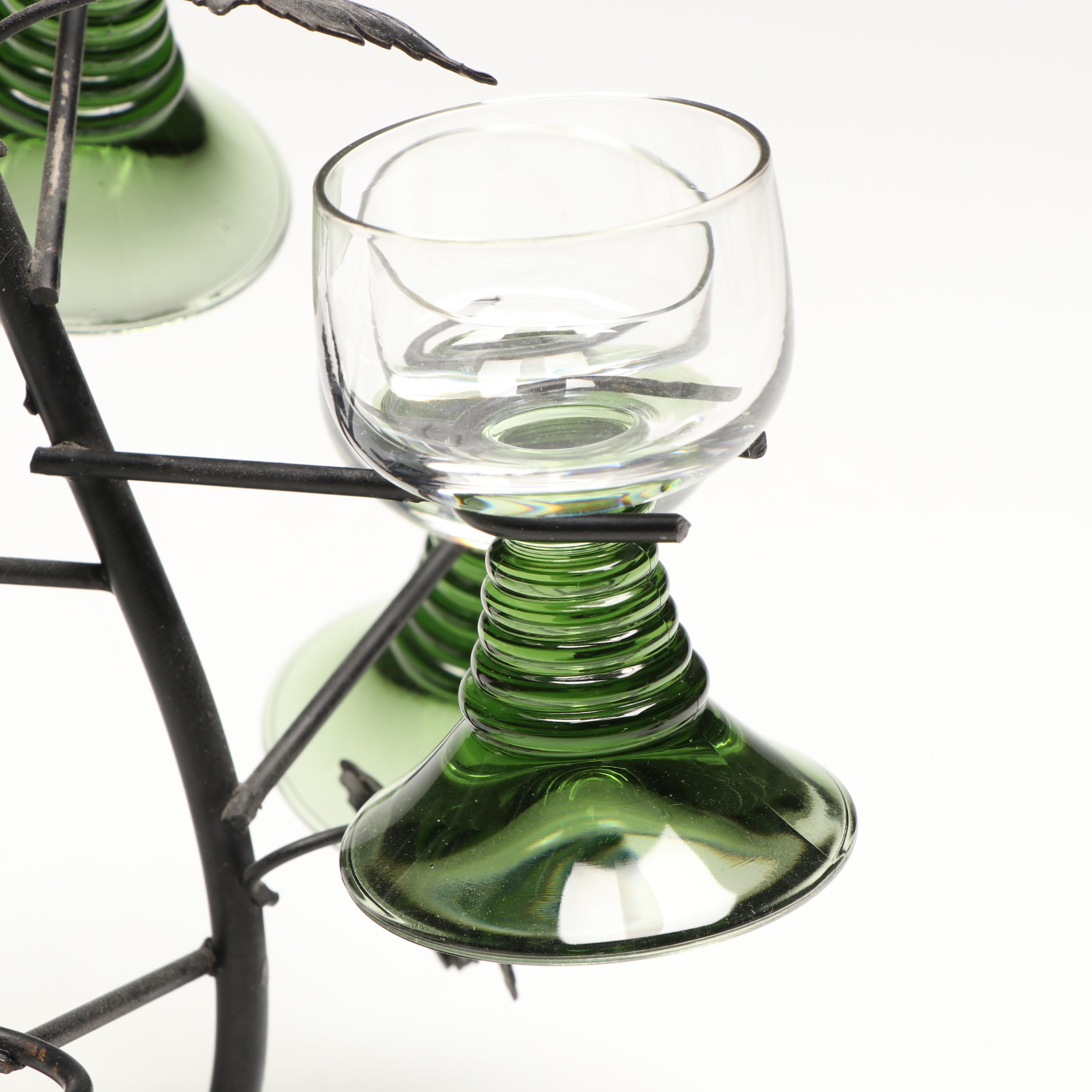 Alsatian Style Green Glass Cordials and Wine Glasses with Metal Stand