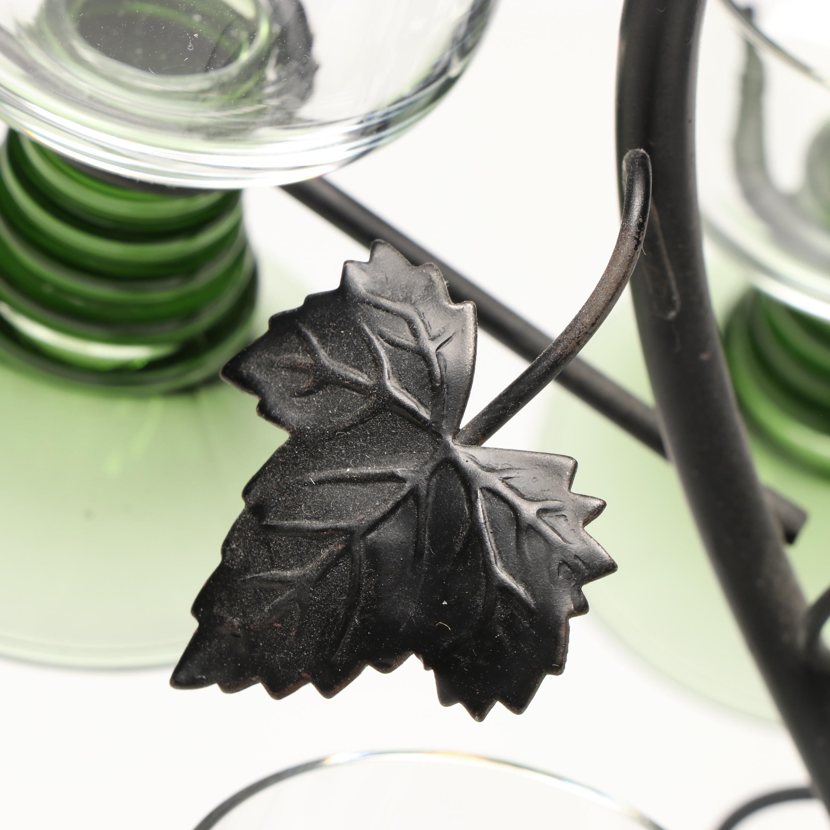 Alsatian Style Green Glass Cordials and Wine Glasses with Metal Stand