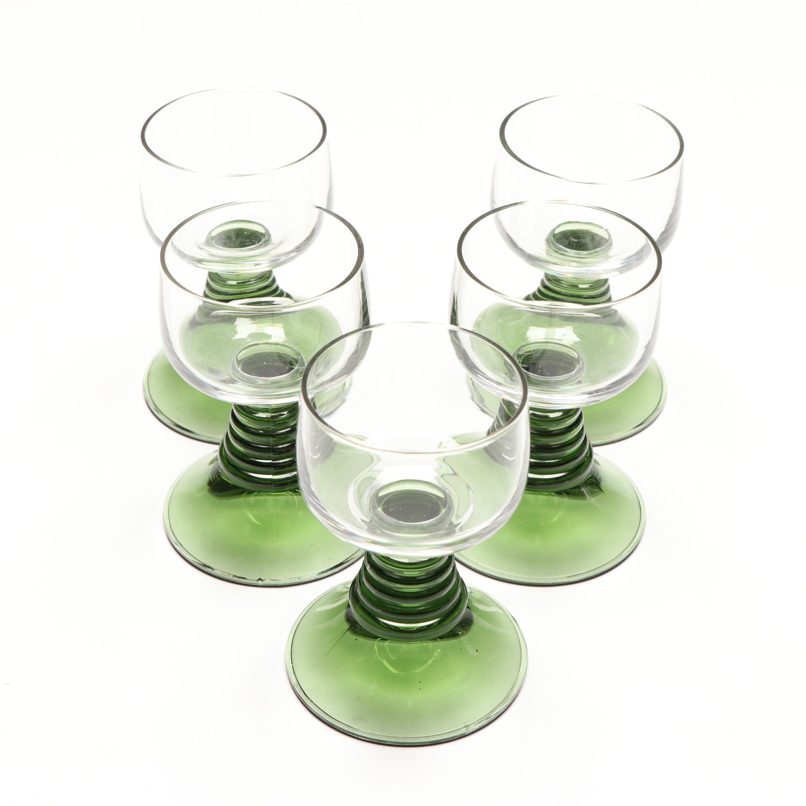 Alsatian Style Green Glass Cordials and Wine Glasses with Metal Stand