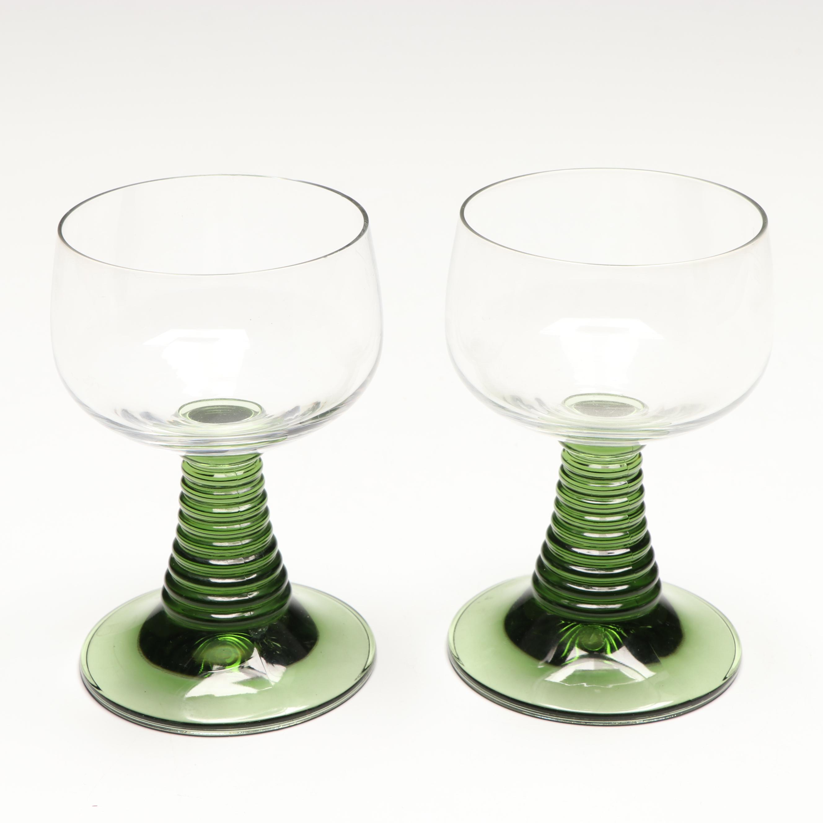 Alsatian Style Green Glass Cordials and Wine Glasses with Metal Stand