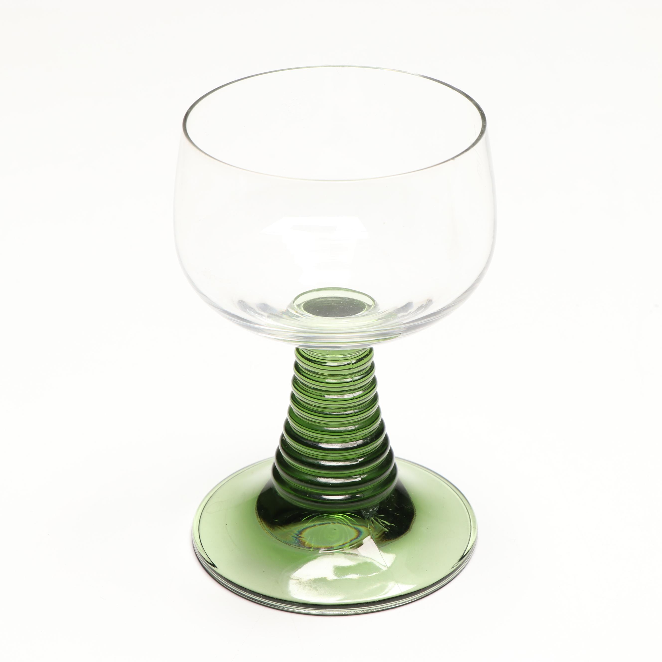 Alsatian Style Green Glass Cordials and Wine Glasses with Metal Stand