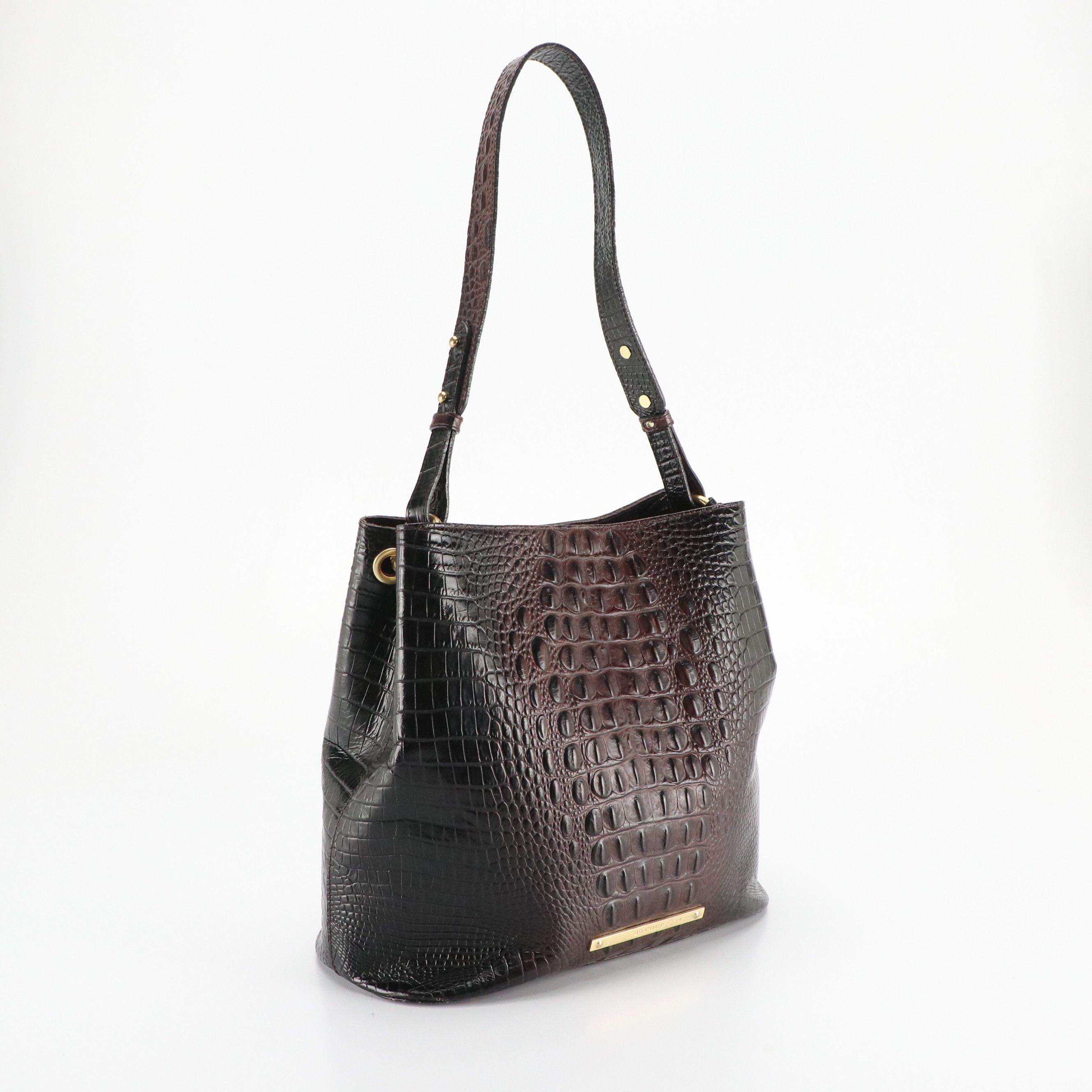 Brahmin Camden Bucket Shoulder Bag in Mahogany Melbourne Croc Embossed Leather