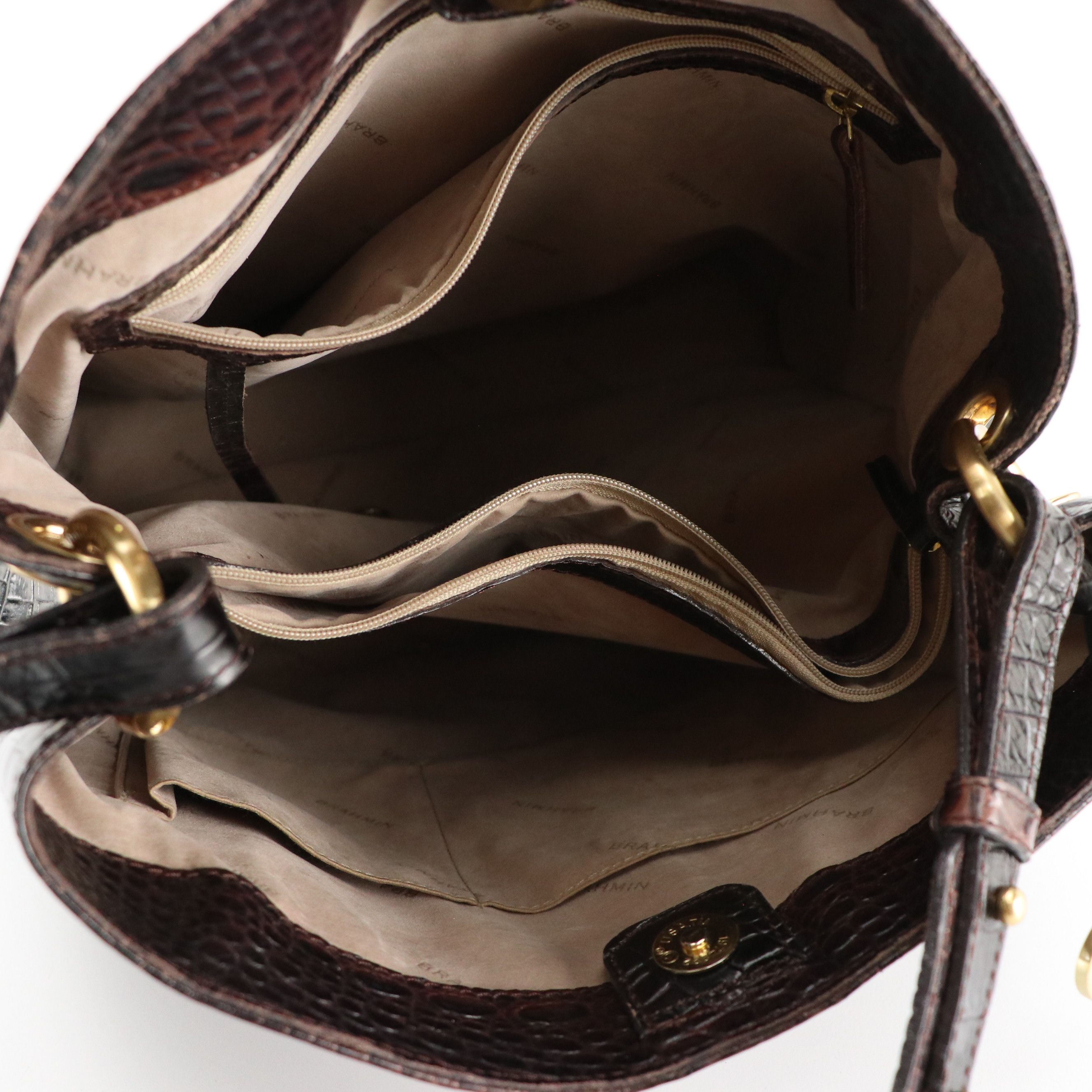 Brahmin Camden Bucket Shoulder Bag in Mahogany Melbourne Croc Embossed Leather