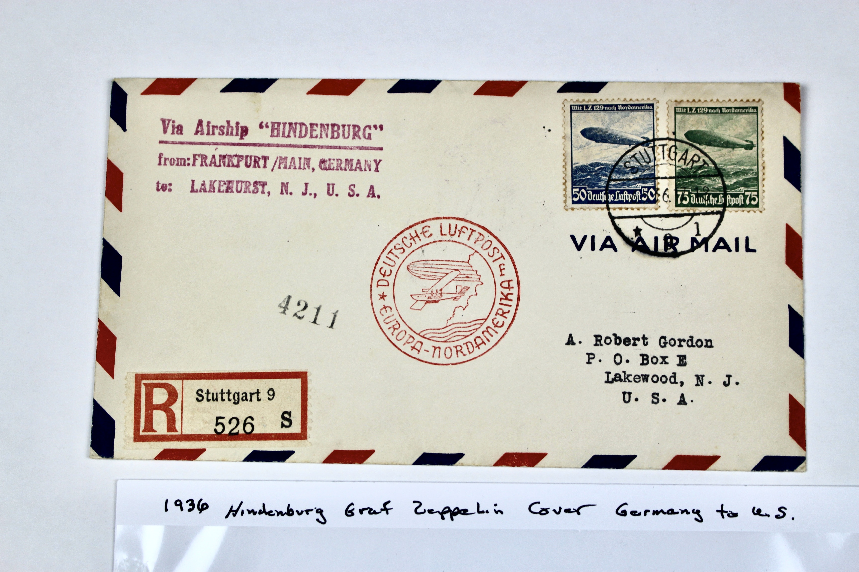 Hindenburg 1936 Graf Zeppelin Postal Cover, Germany to Lakehurst, NJ.