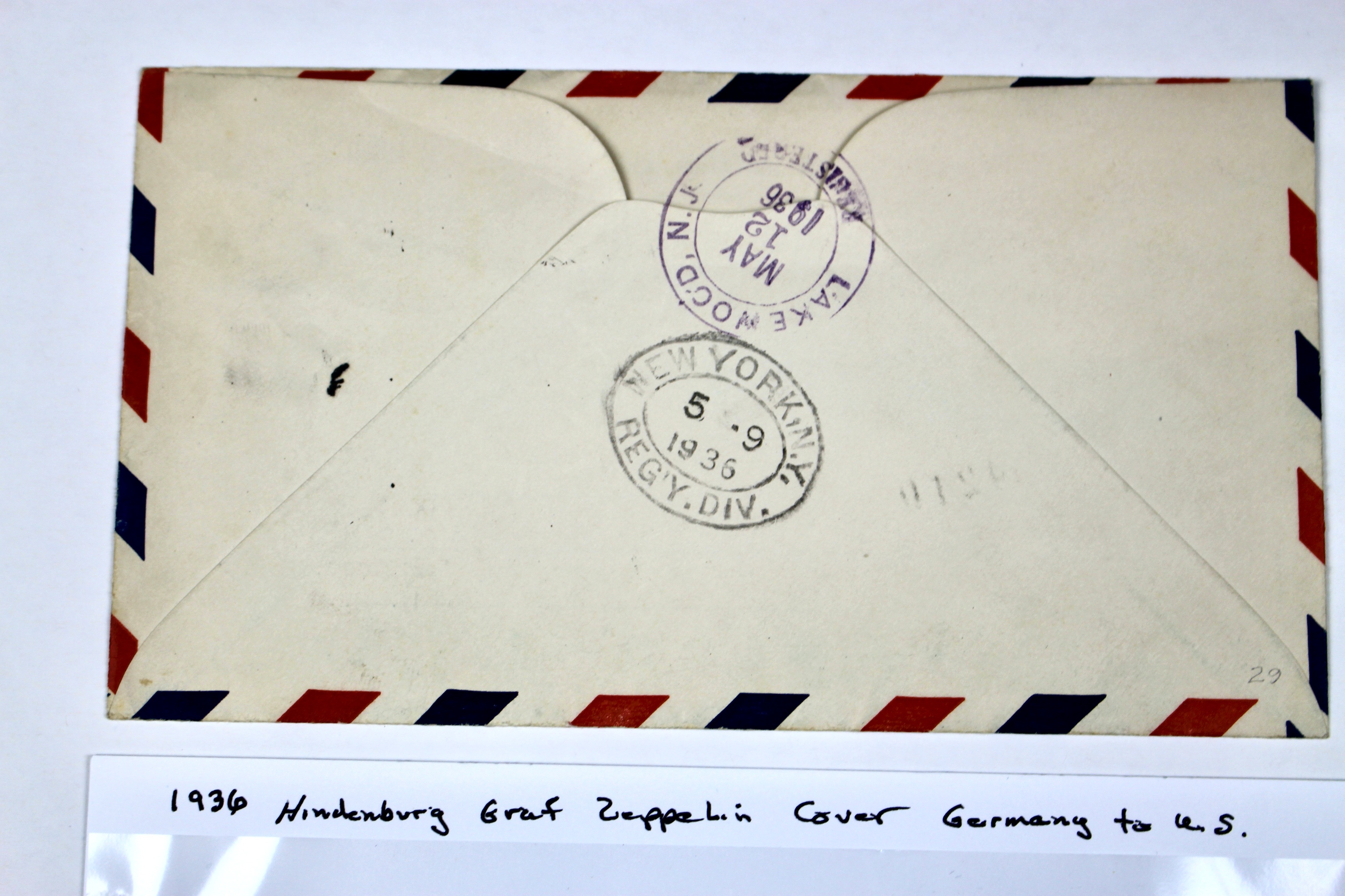Hindenburg 1936 Graf Zeppelin Postal Cover, Germany to Lakehurst, NJ.