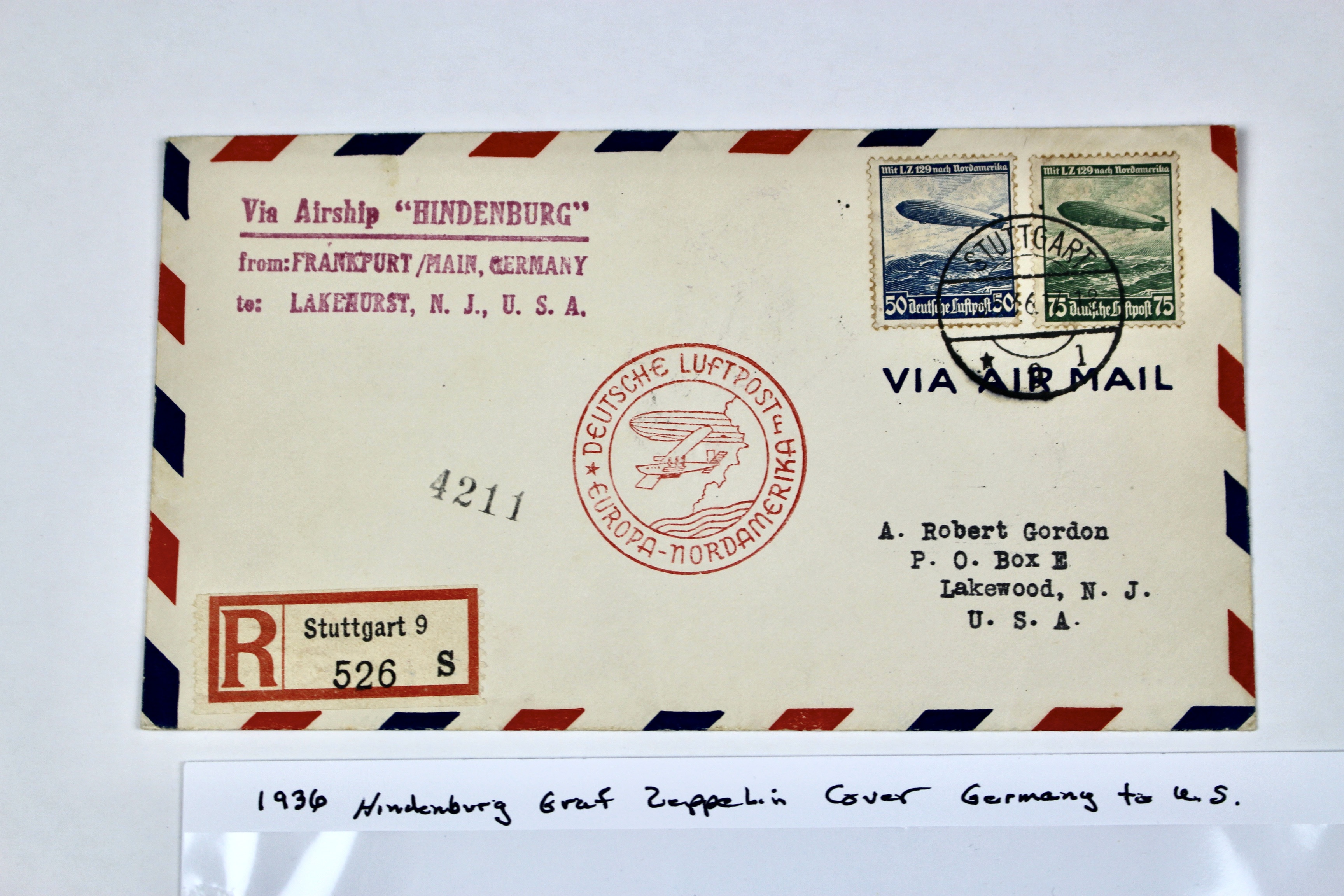 Hindenburg 1936 Graf Zeppelin Postal Cover, Germany to Lakehurst, NJ.