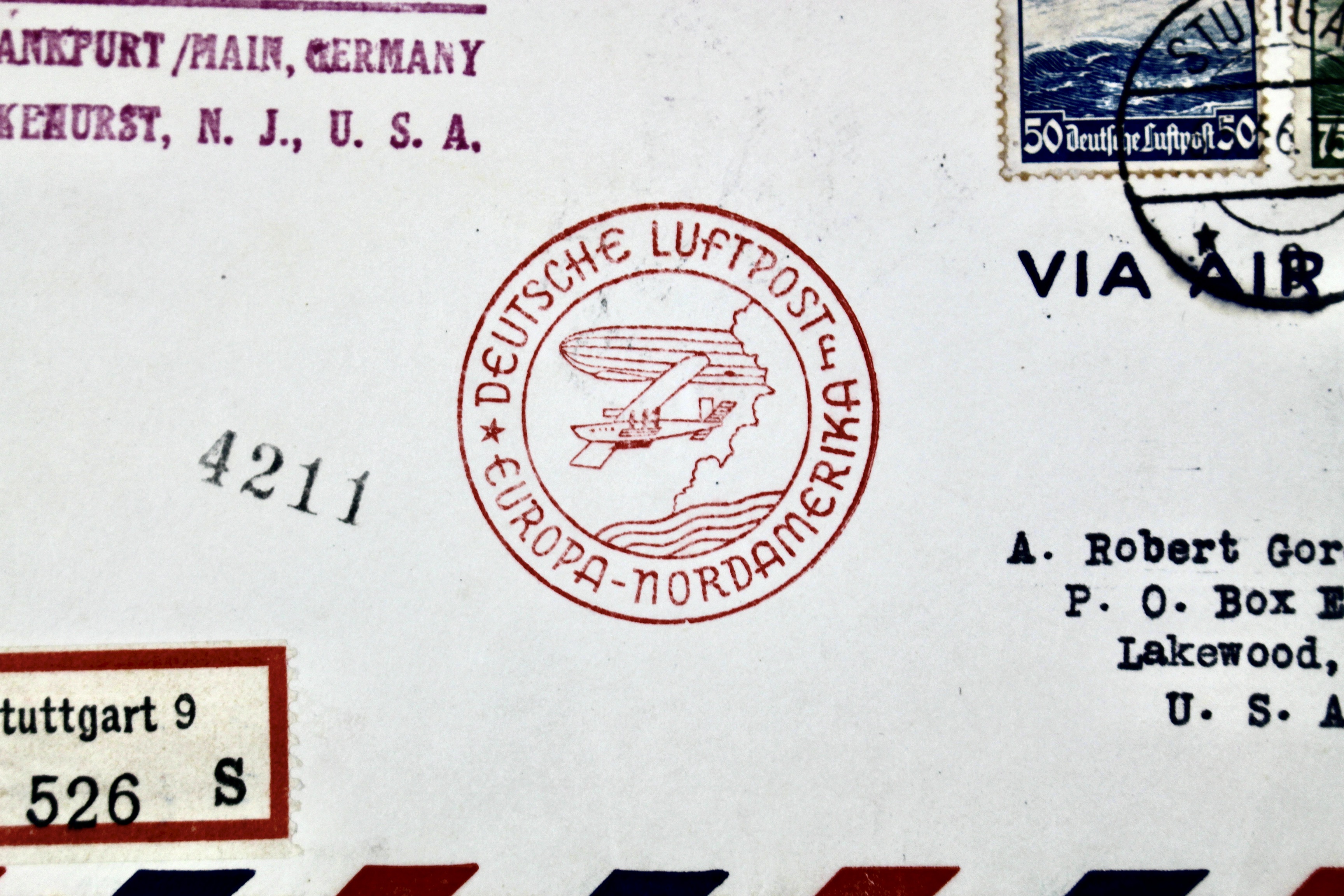 Hindenburg 1936 Graf Zeppelin Postal Cover, Germany to Lakehurst, NJ.