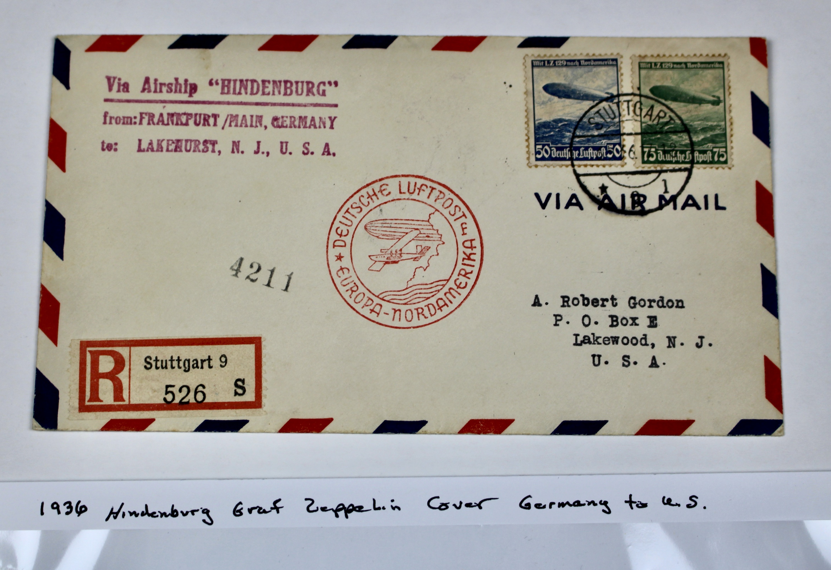 Hindenburg 1936 Graf Zeppelin Postal Cover, Germany to Lakehurst, NJ.
