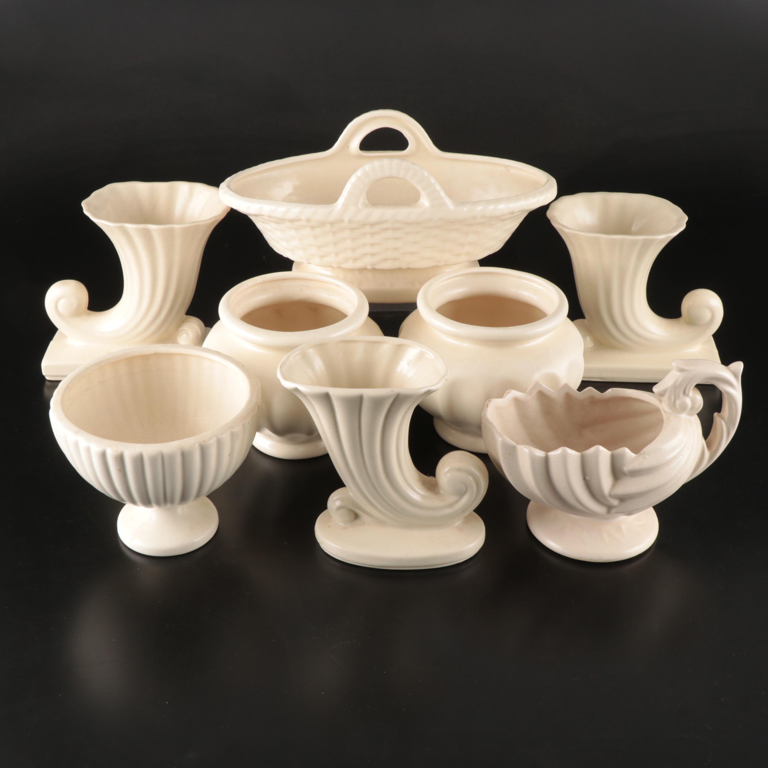 Haeger Pottery Basket Planter with Other White Glaze Ceramic Planters and Vases