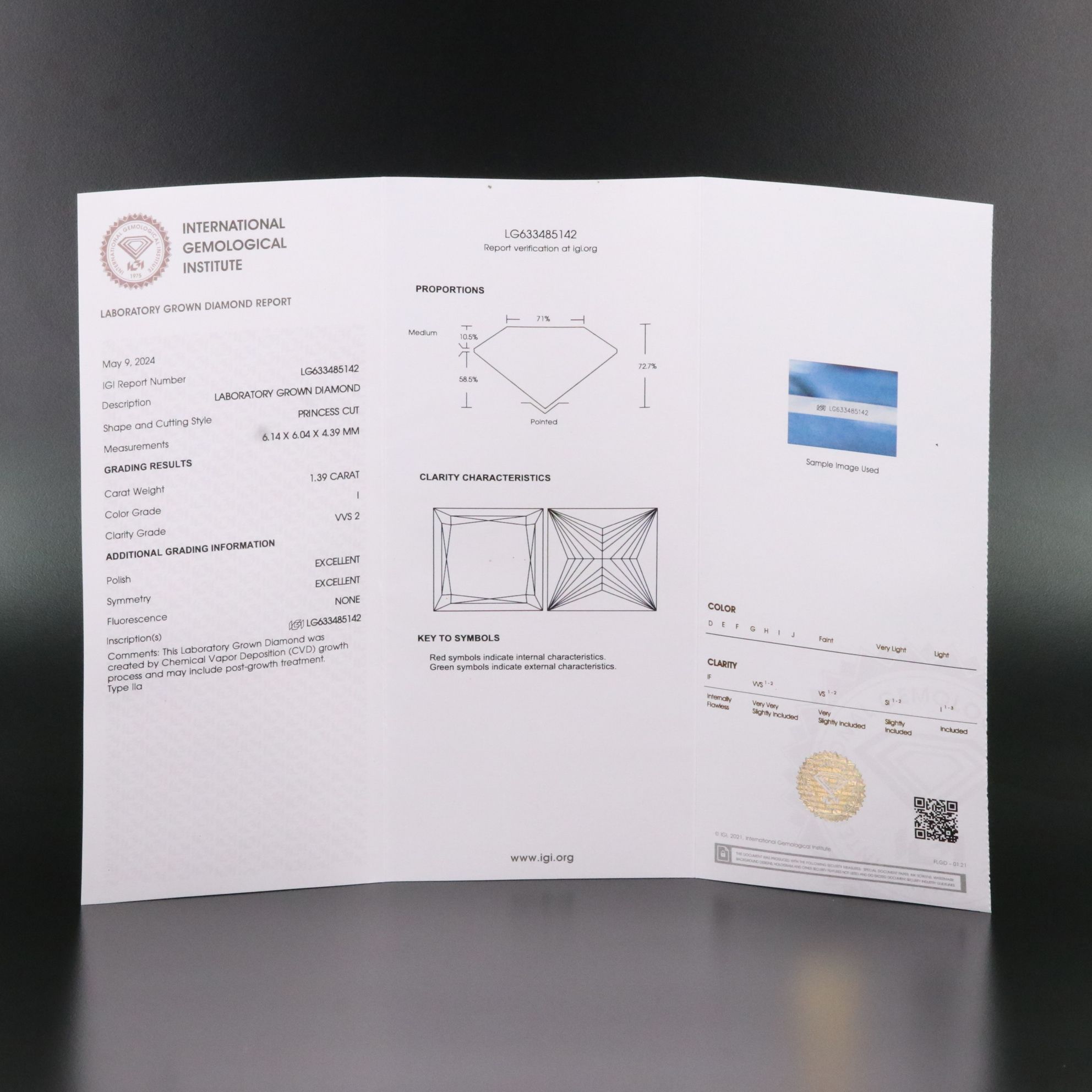 Loose 1.39 CT Lab Grown Diamond with IGI Report