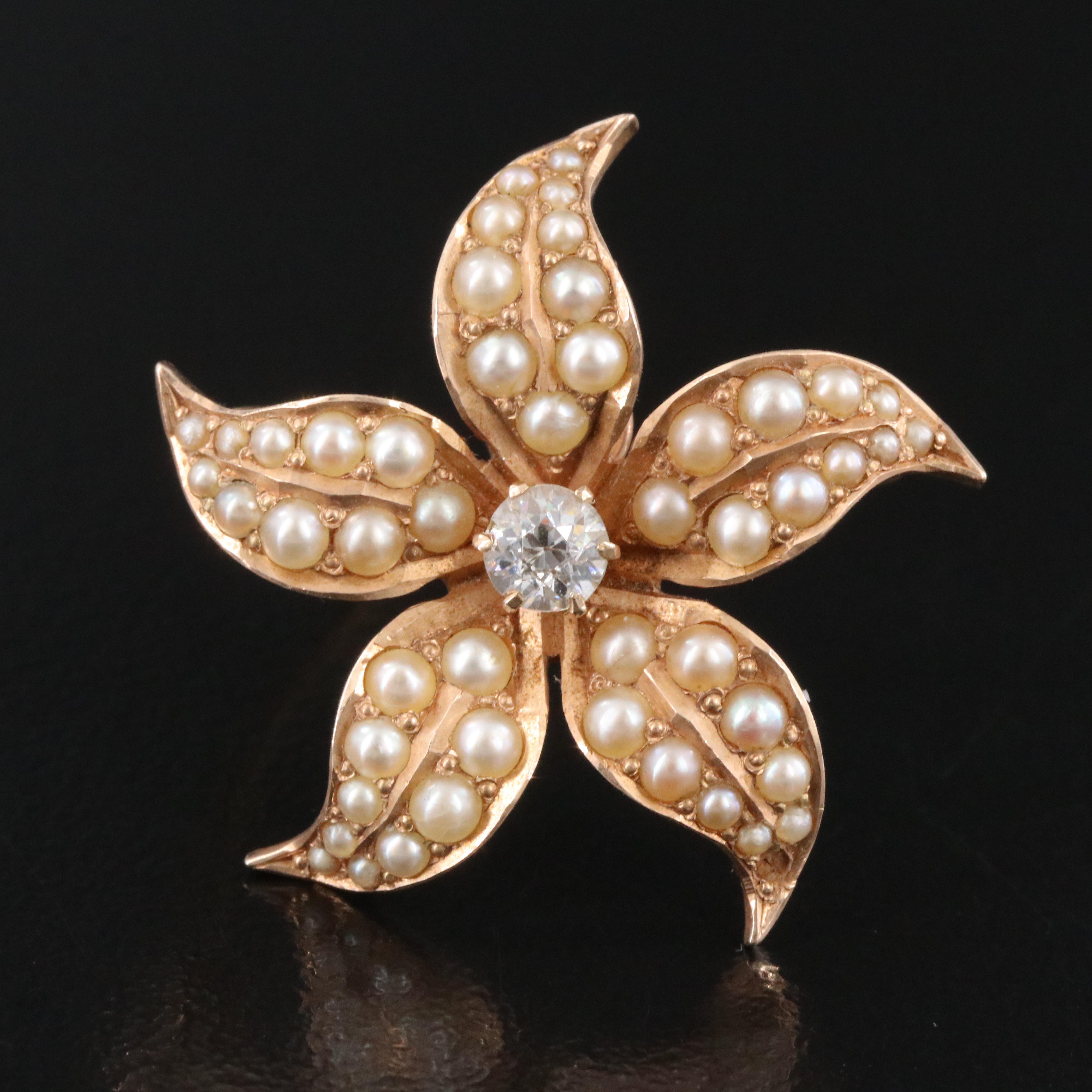 Antique 14K Diamond and Seed Pearl Flower Converter Brooch