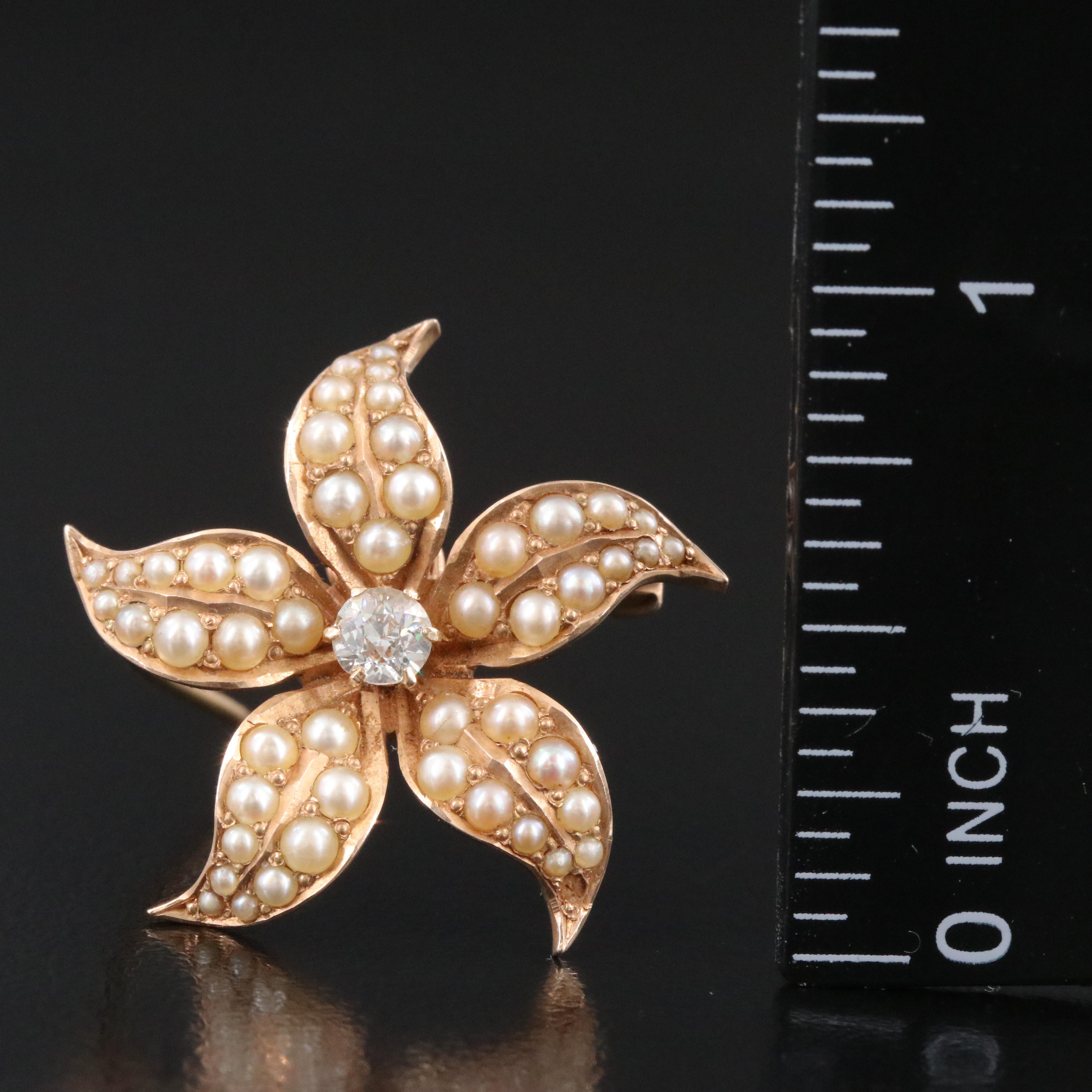 Antique 14K Diamond and Seed Pearl Flower Converter Brooch