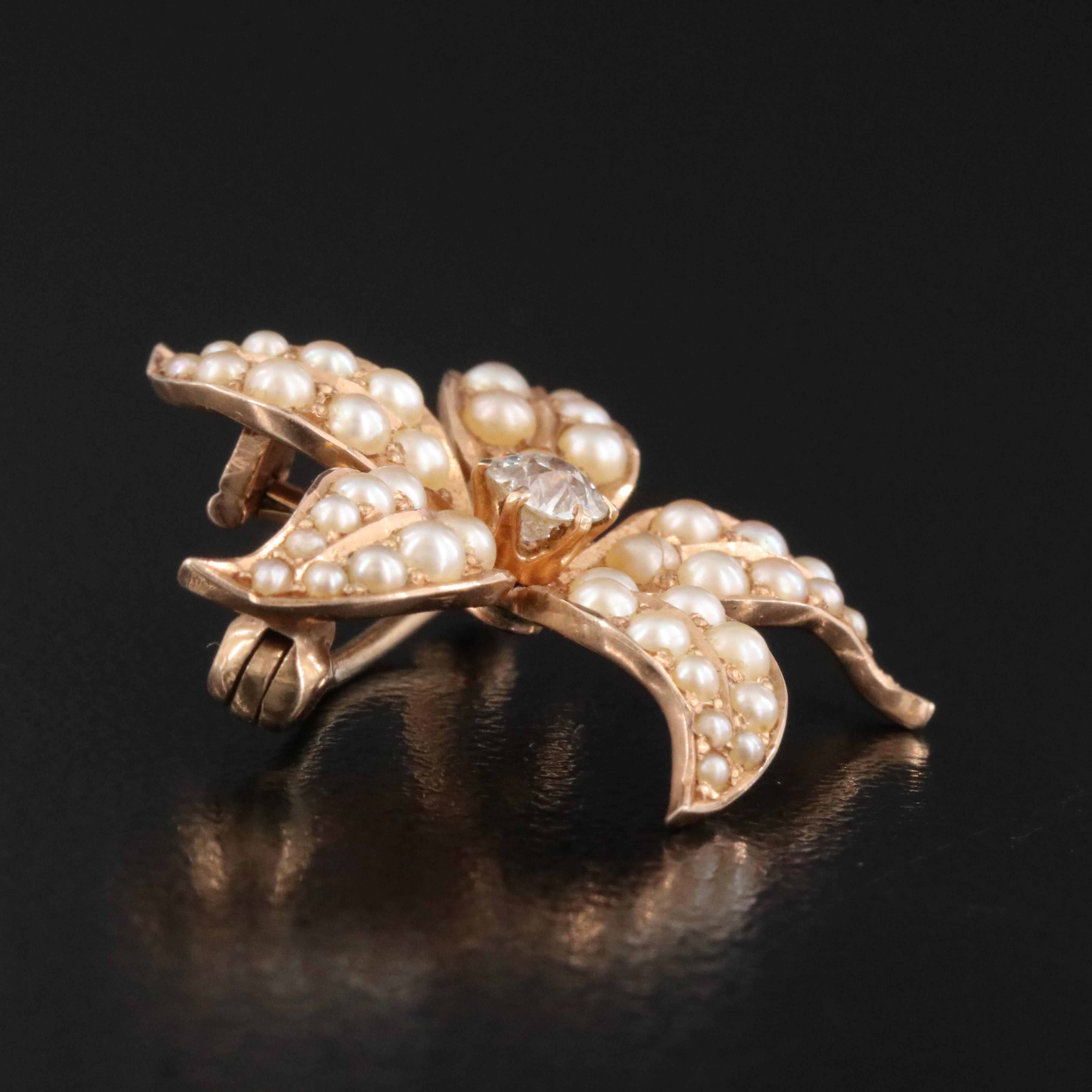 Antique 14K Diamond and Seed Pearl Flower Converter Brooch