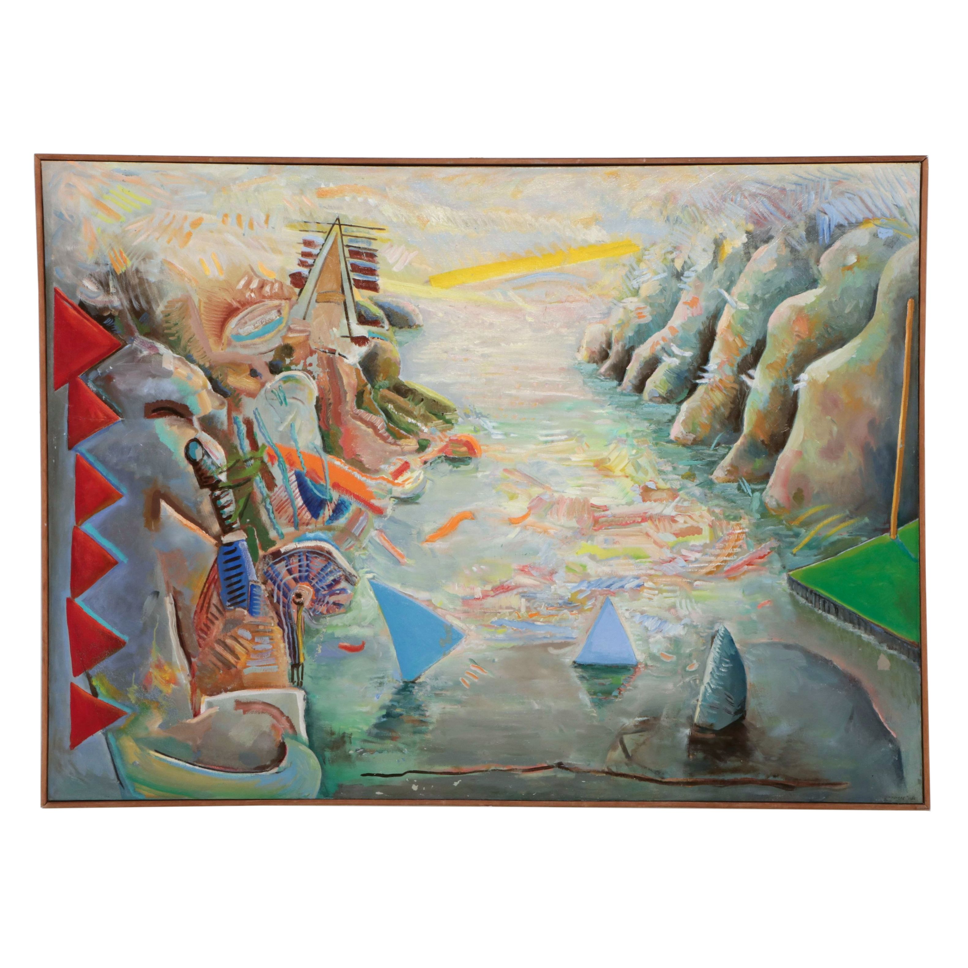 Monumental Acrylic Painting Abstracted River Landscape, 1980