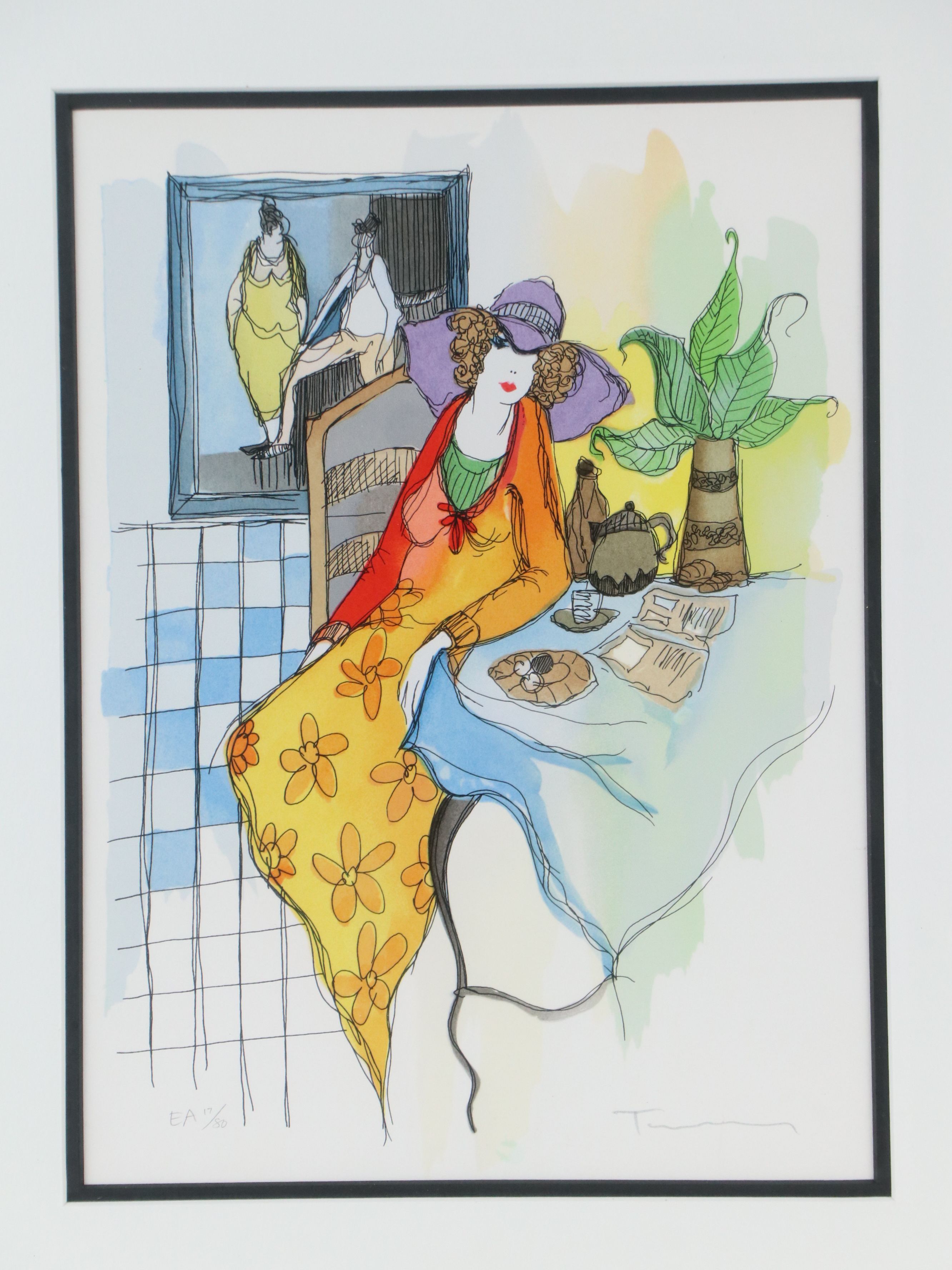 Itzchak Tarkay Lithograph "Woman Reading Magazine," Late 20th Century