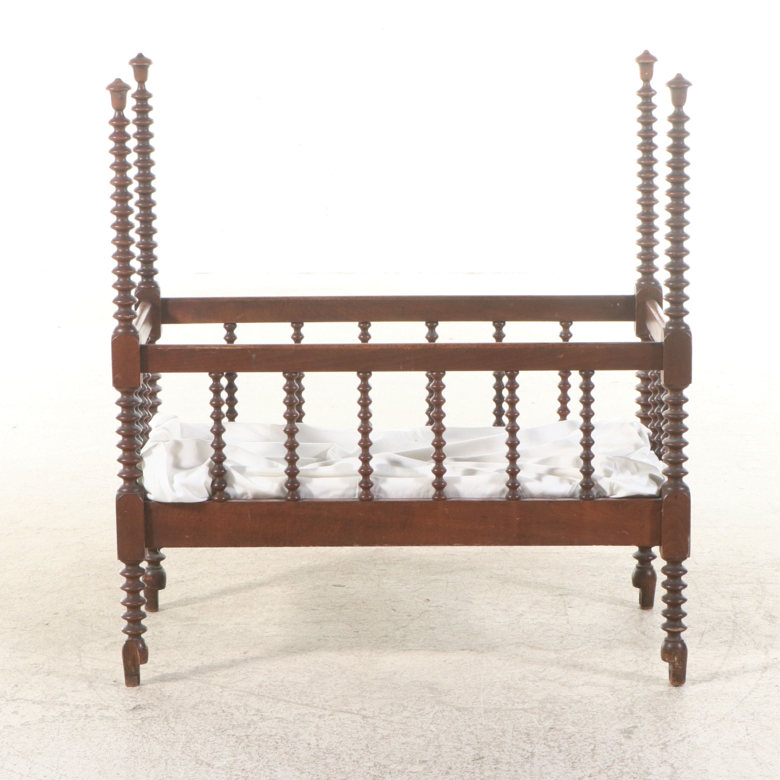 Victorian Walnut Finish Turned Bobbin Jenny Lind Style Cradle