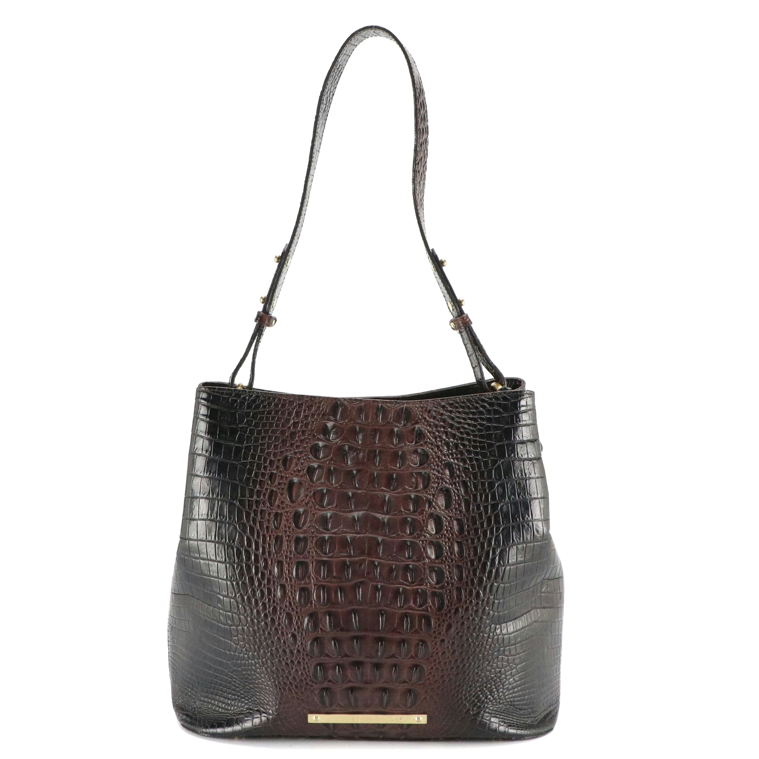 Brahmin Camden Bucket Shoulder Bag in Mahogany Melbourne Croc Embossed Leather