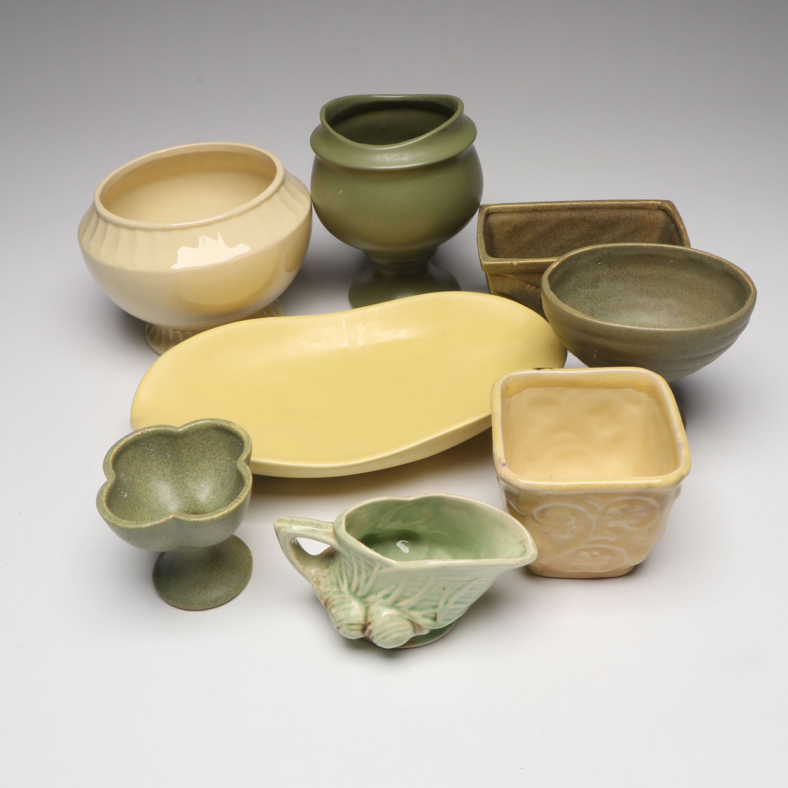 McCoy Pottery "Pine Cone" Creamer with Other Vases and Platter, Mid-20th Century