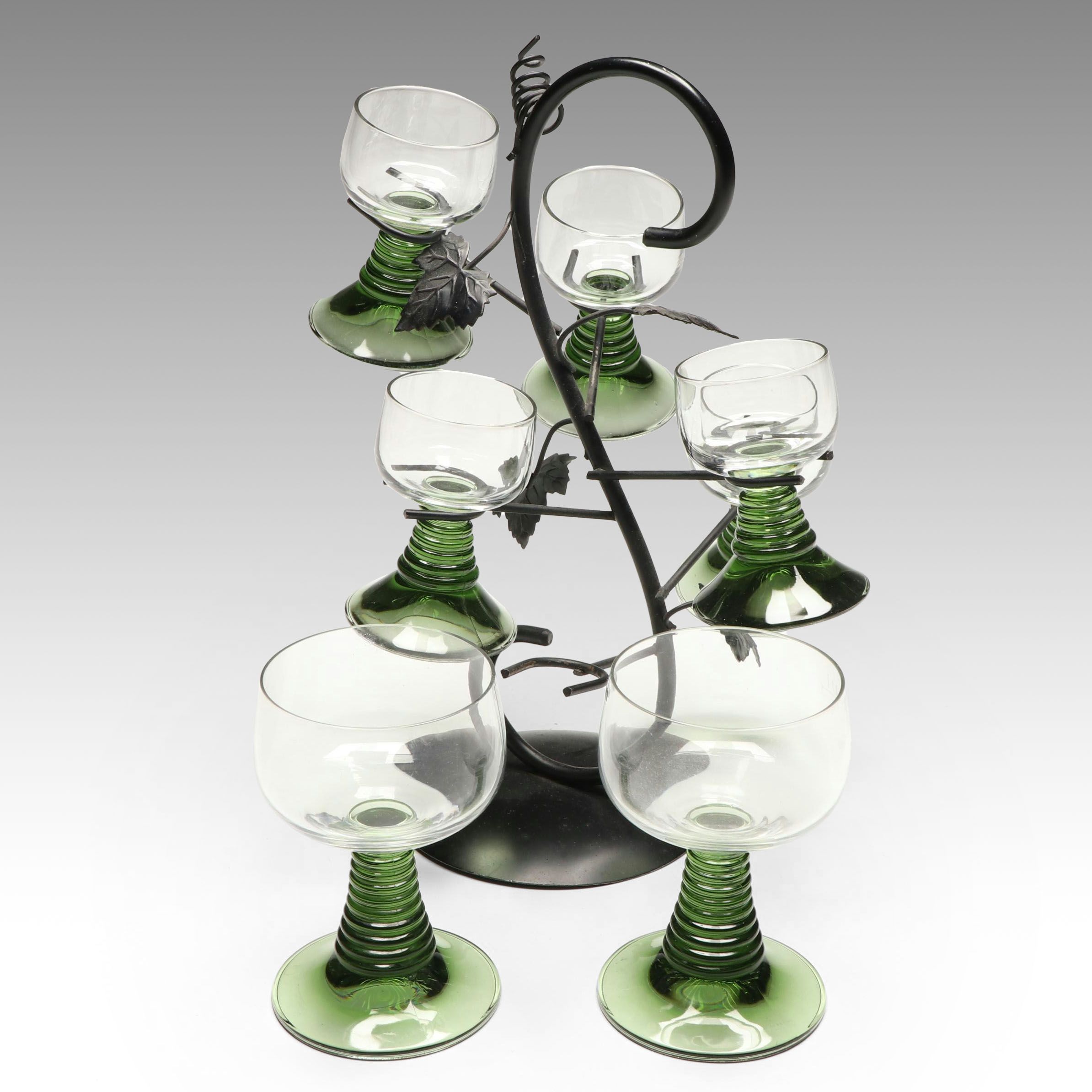 Alsatian Style Green Glass Cordials and Wine Glasses with Metal Stand
