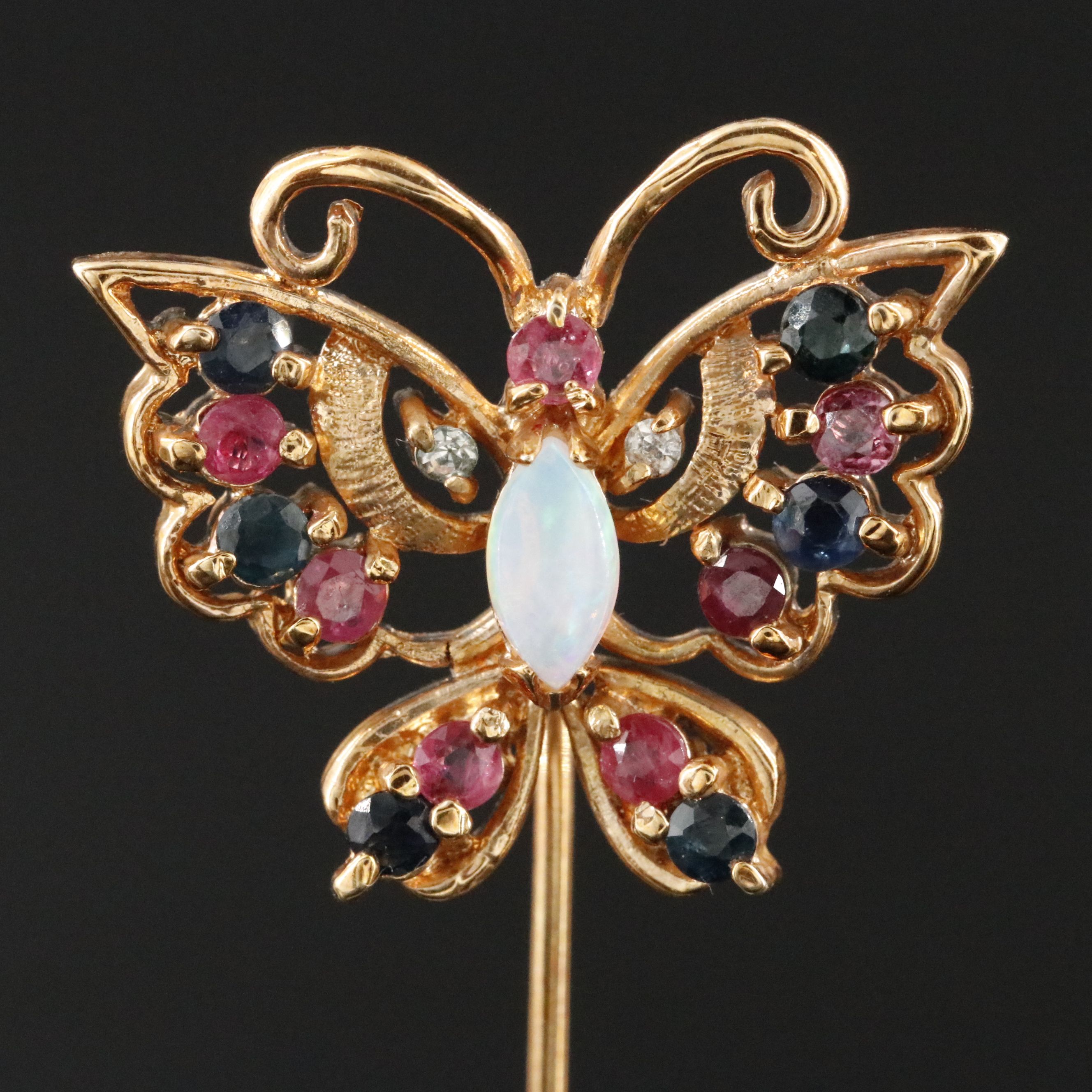 Opal, Ruby, Sapphire, and Rhinestone Butterfly Stickpin