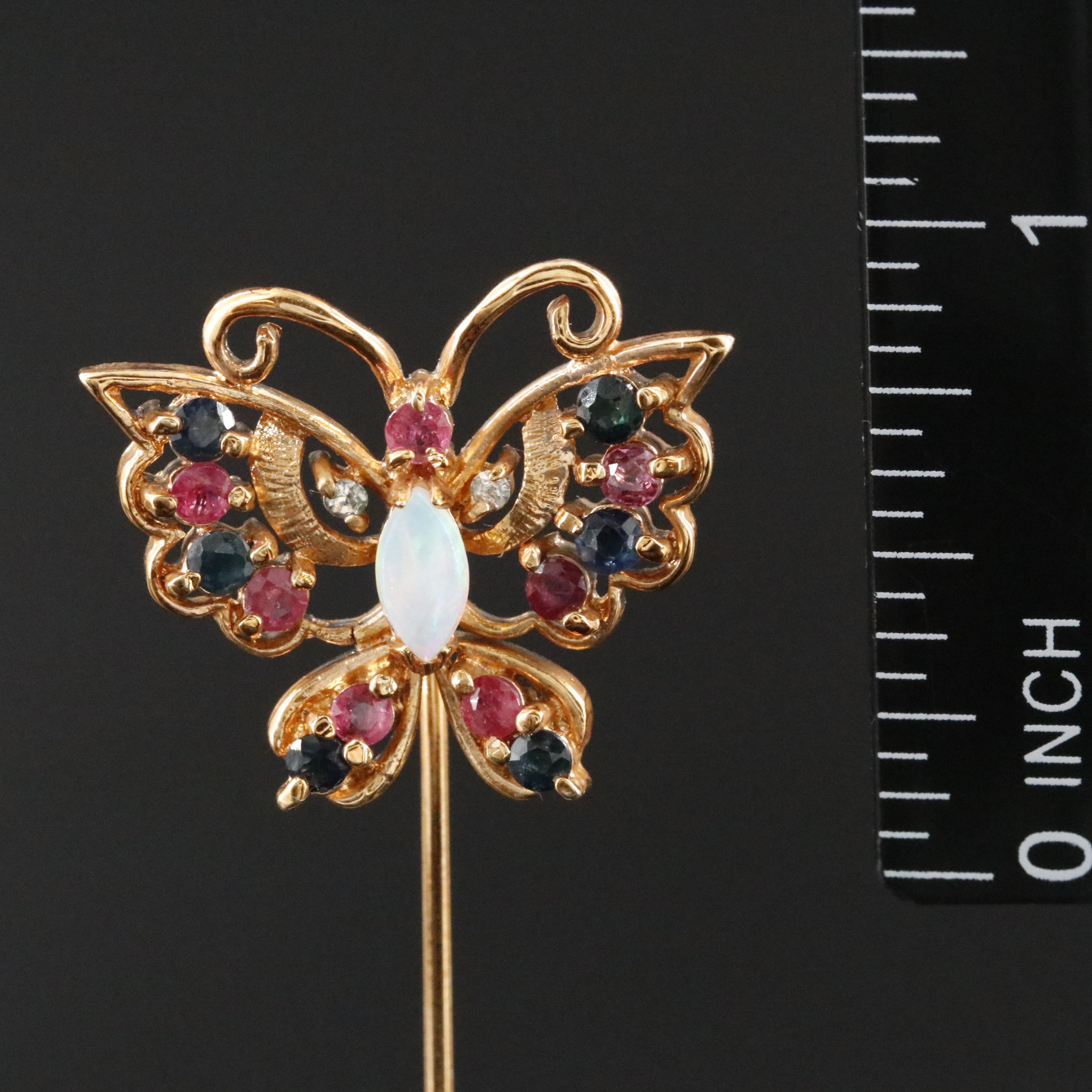 Opal, Ruby, Sapphire, and Rhinestone Butterfly Stickpin