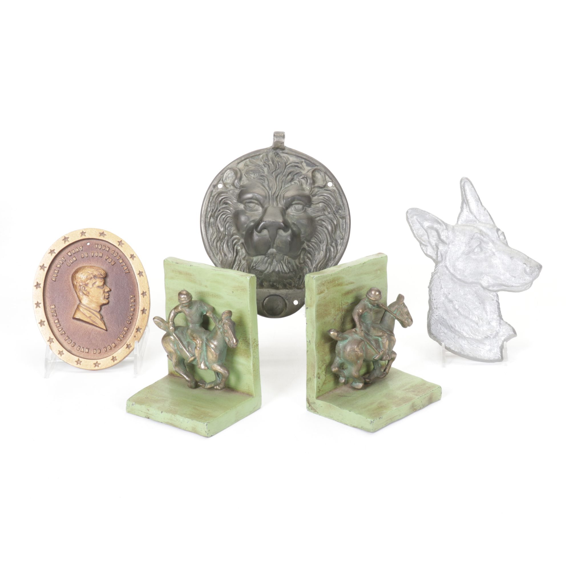 Art Deco Style Brass-Finished Polo Player Bookends with Cast Metal Plaques