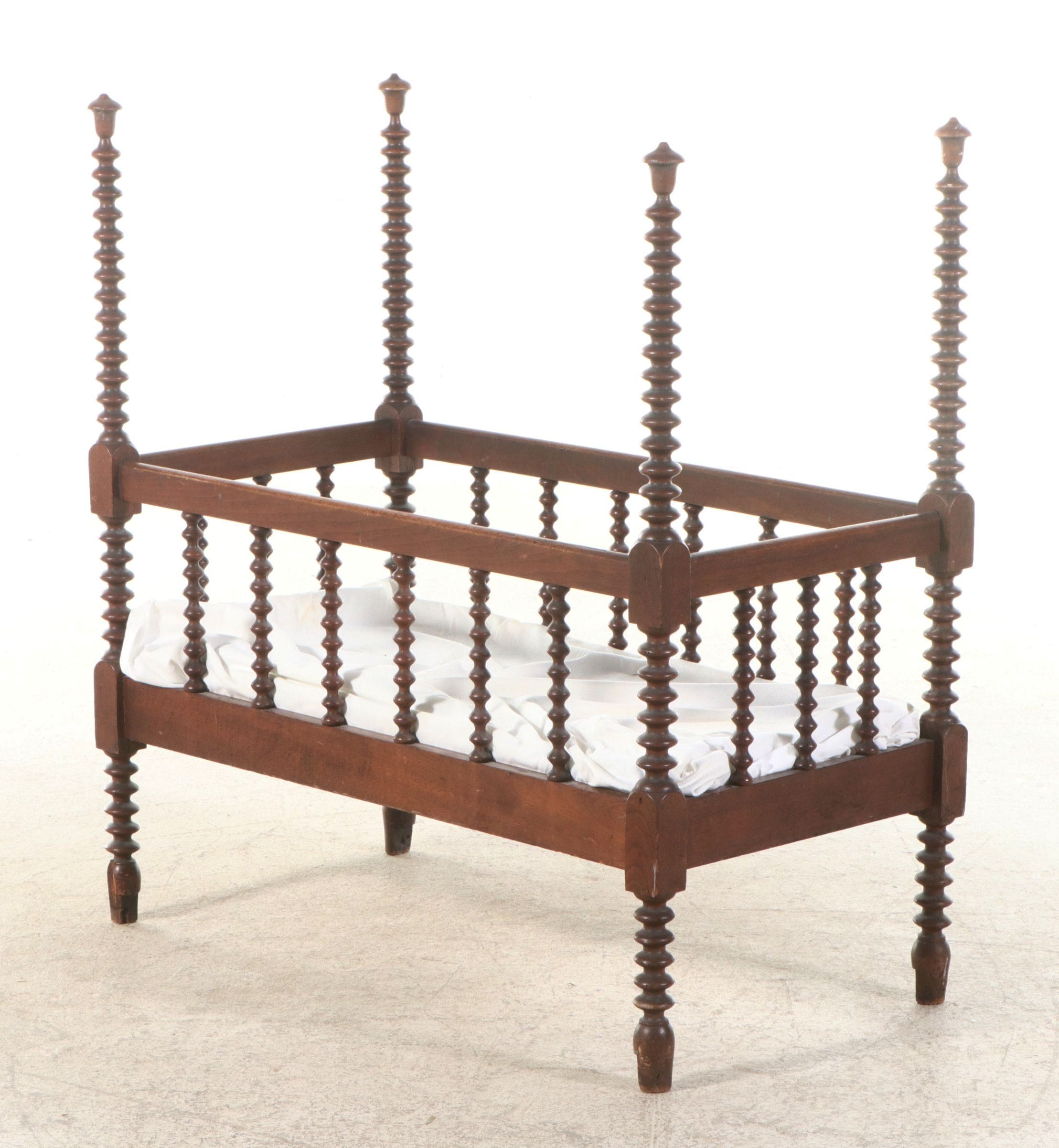 Victorian Walnut Finish Turned Bobbin Jenny Lind Style Cradle
