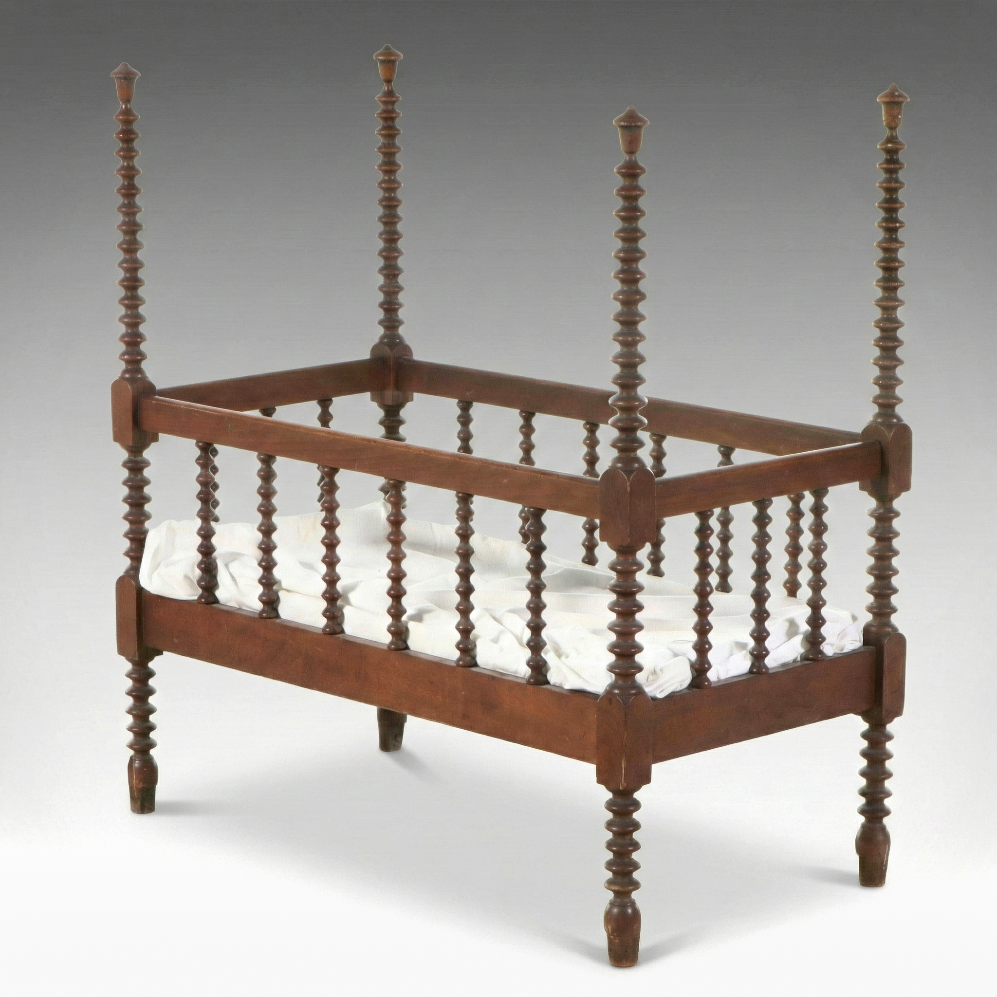 Victorian Walnut Finish Turned Bobbin Jenny Lind Style Cradle