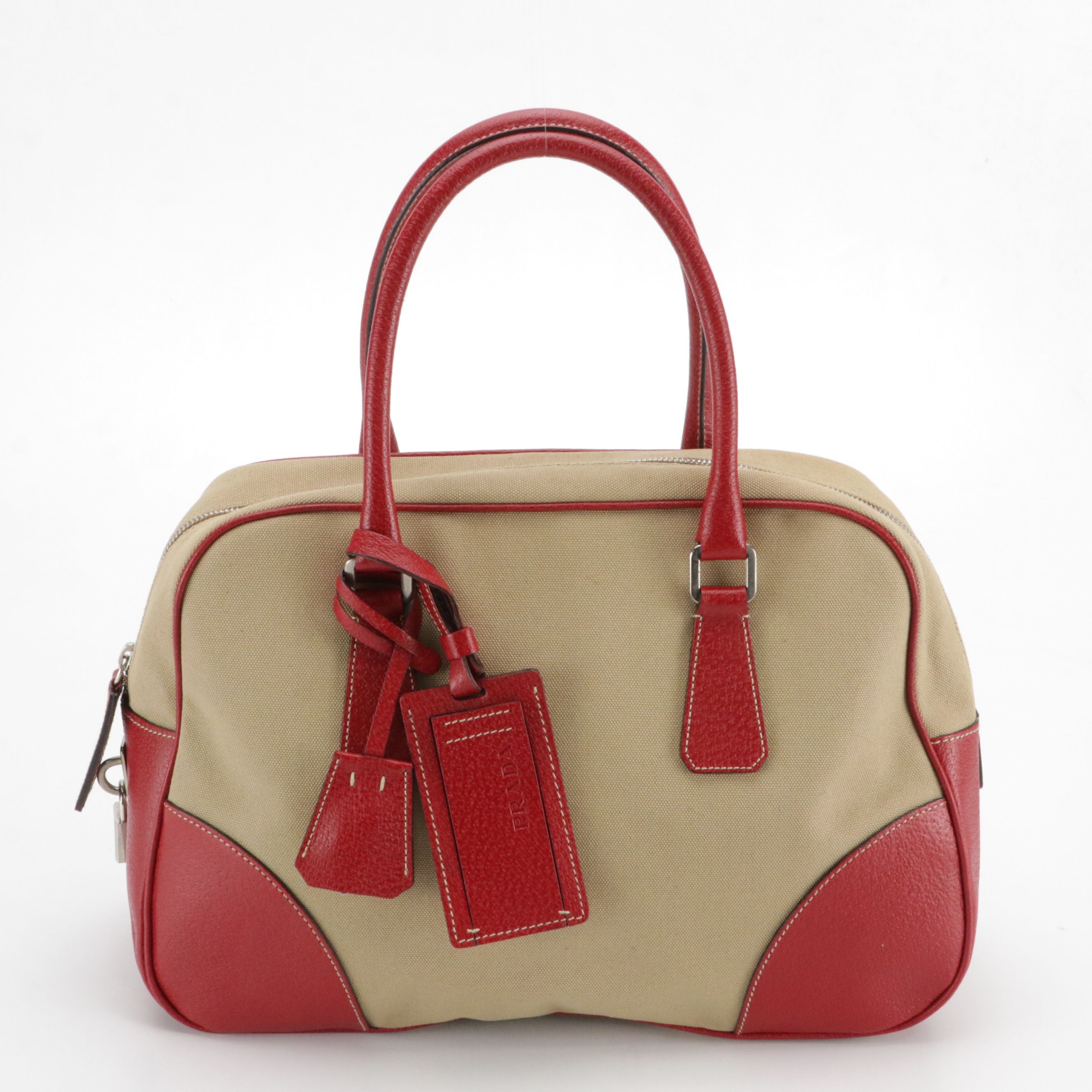 Prada Canvas and Red Cinghiale Leather Tote