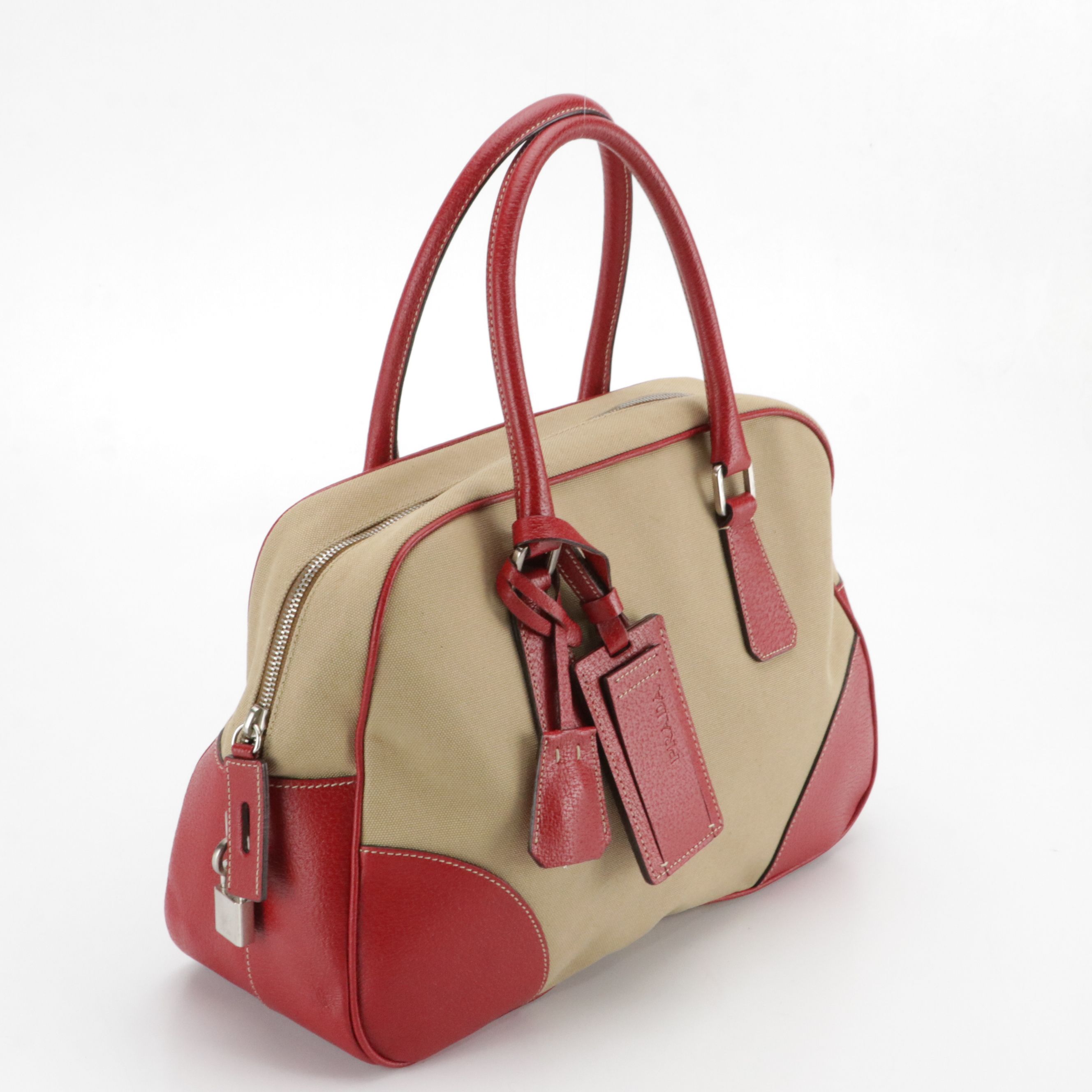 Prada Canvas and Red Cinghiale Leather Tote