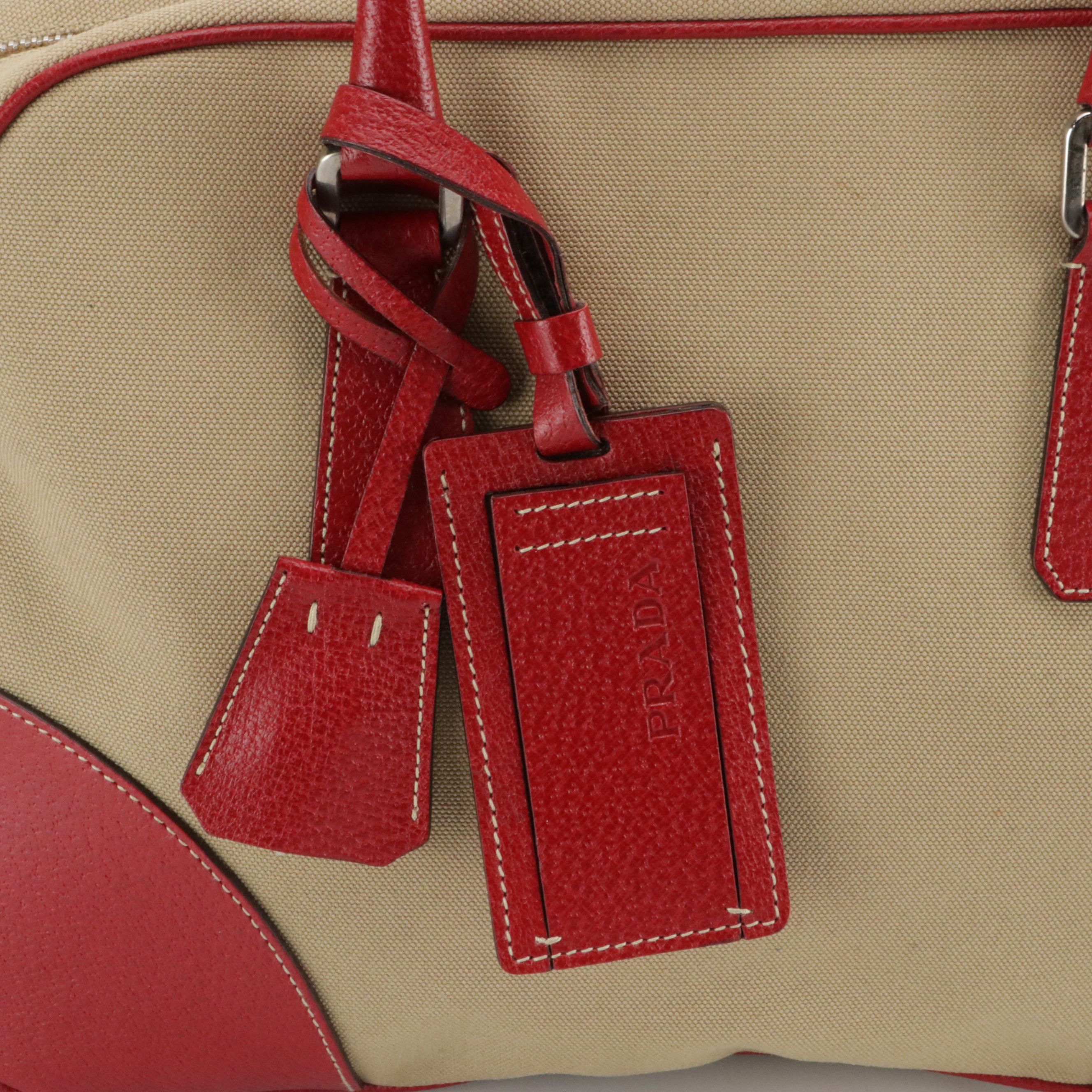 Prada Canvas and Red Cinghiale Leather Tote