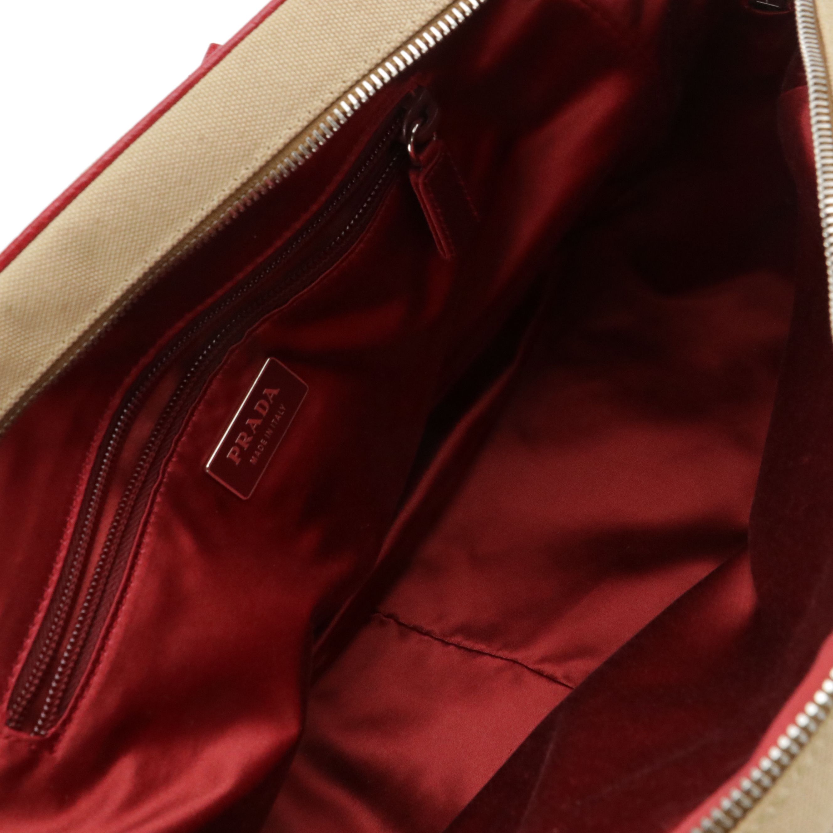 Prada Canvas and Red Cinghiale Leather Tote