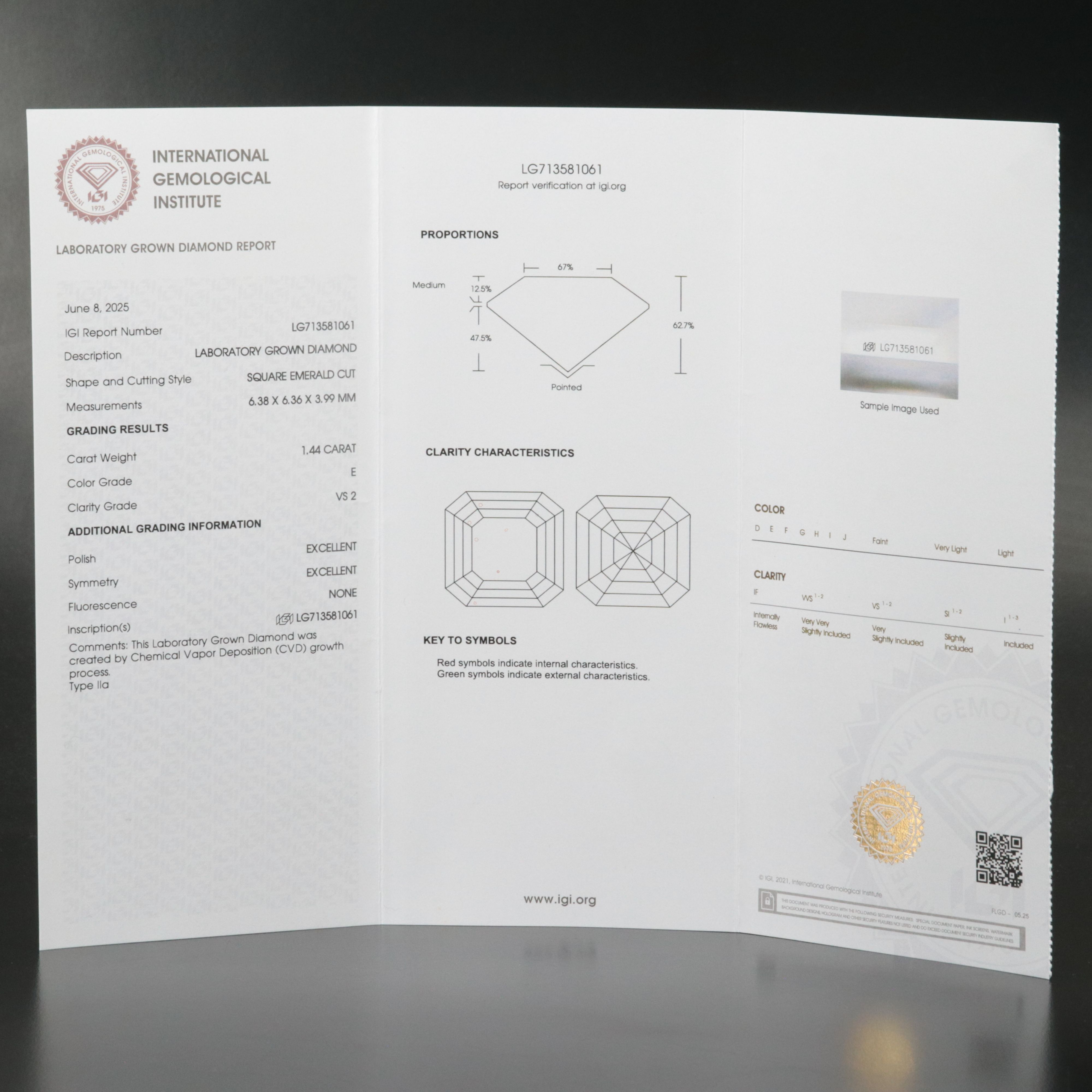 Loose 1.44 CT Lab Grown Diamond with IGI Report