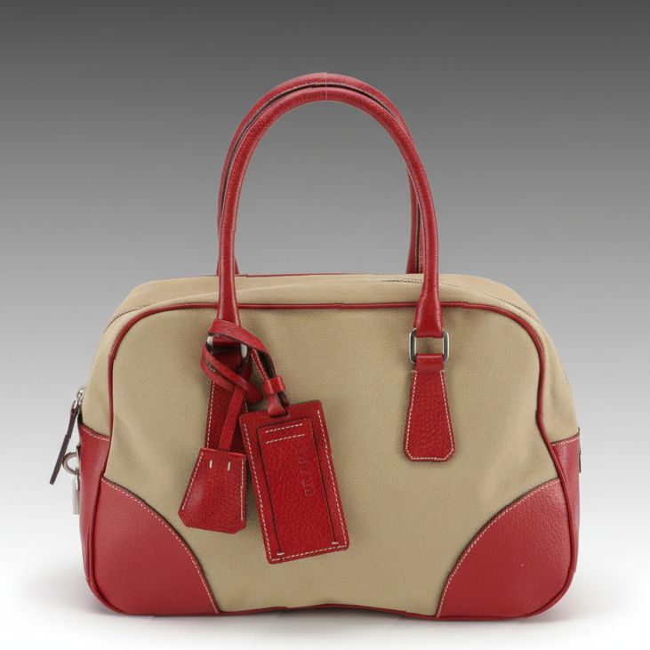 Prada Canvas and Red Cinghiale Leather Tote