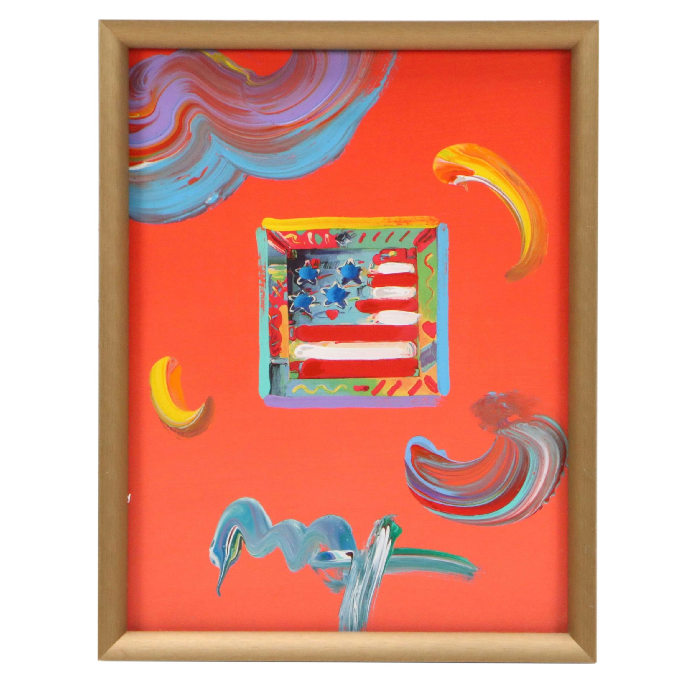 Peter Max Mixed Media Painting "Flag with Heart," 2009