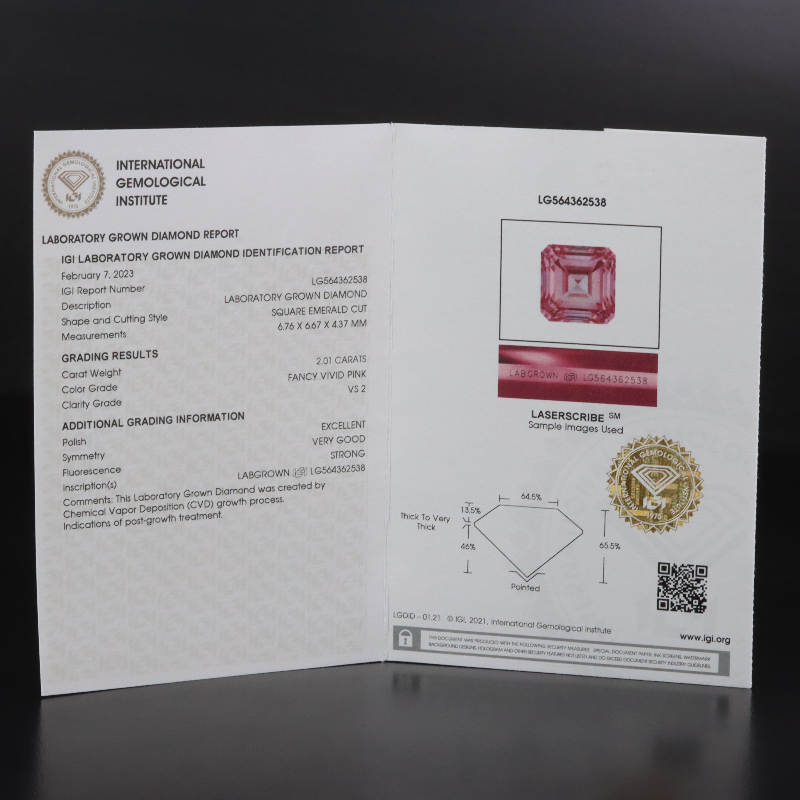 Loose 2.01 CT Lab Grown Fancy Vivid Pink Diamond with IGI Report