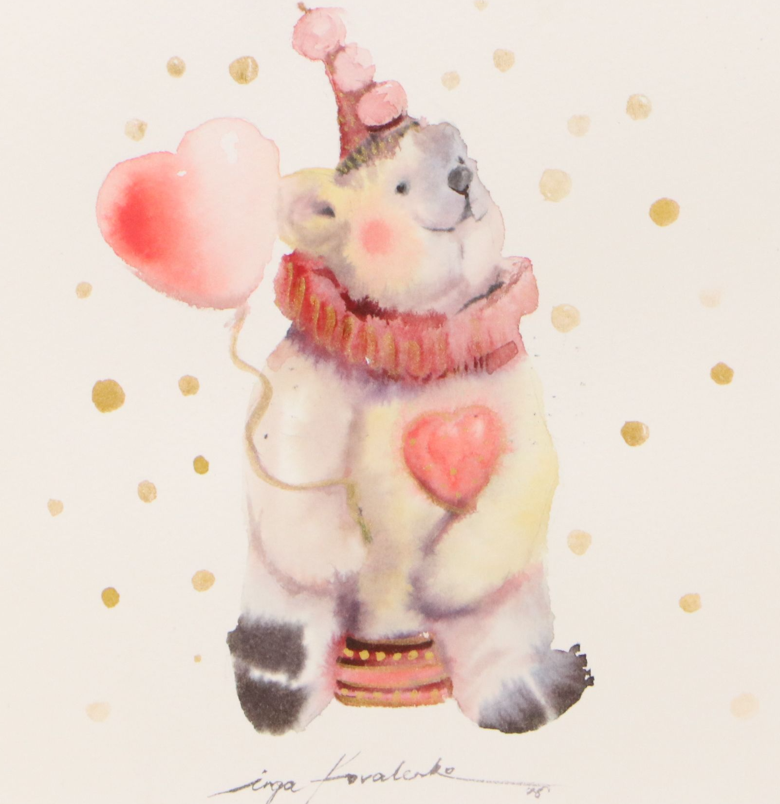 Inga Kovalenko Watercolor of Seated Polar Bear Clown, 2026