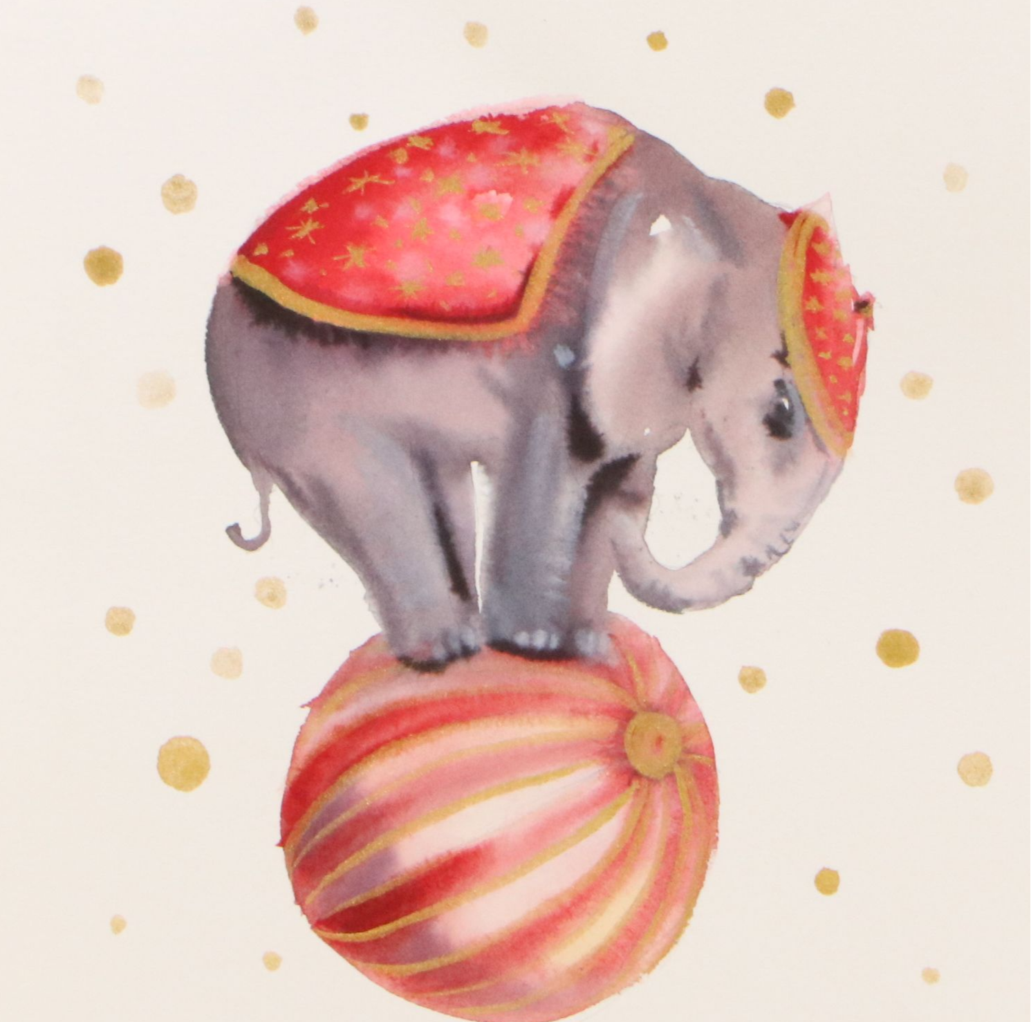 Inga Kovalenko Watercolor of Elephant Balancing on Ball, 2026