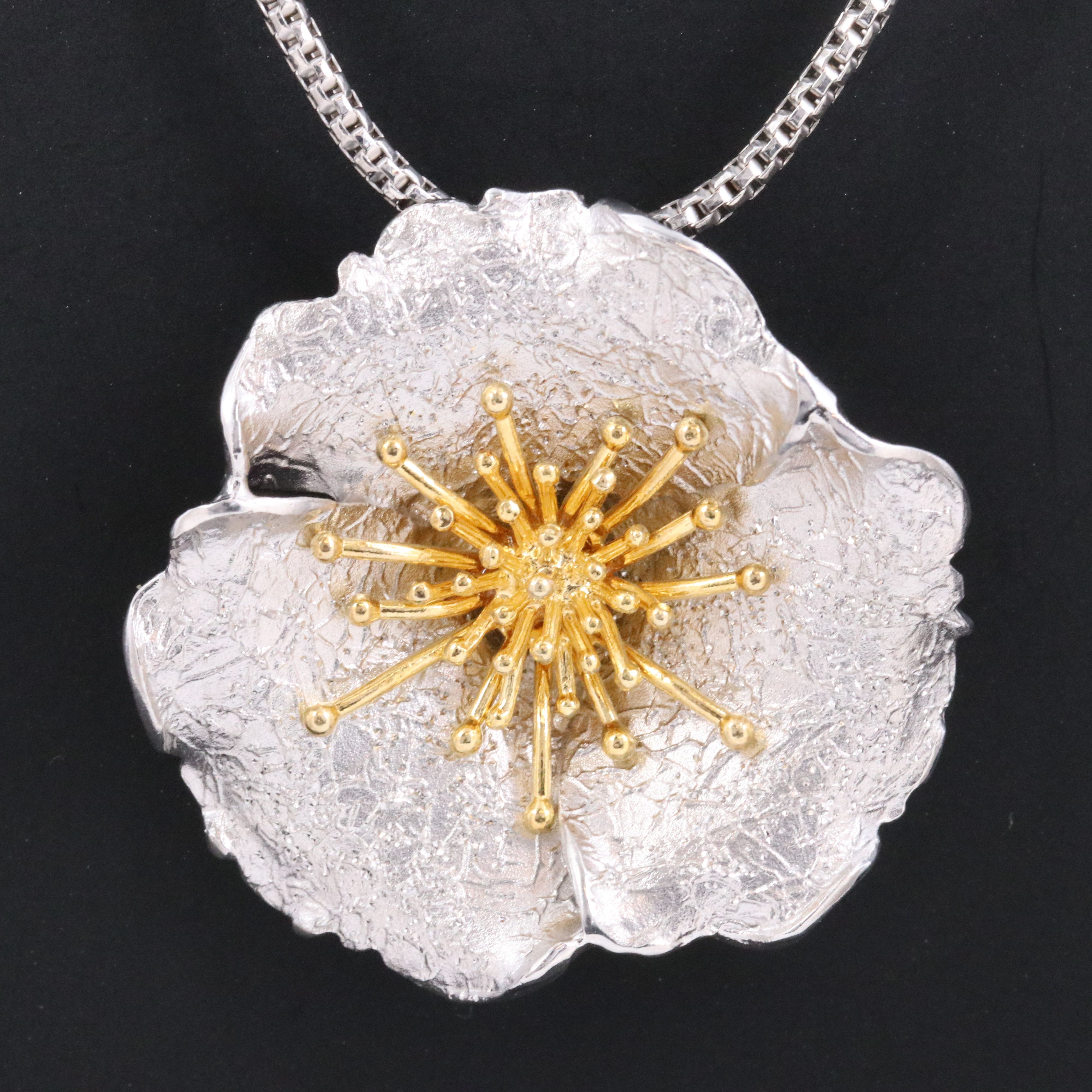Sterling Flower Pendant on Popcorn Chain Necklace
