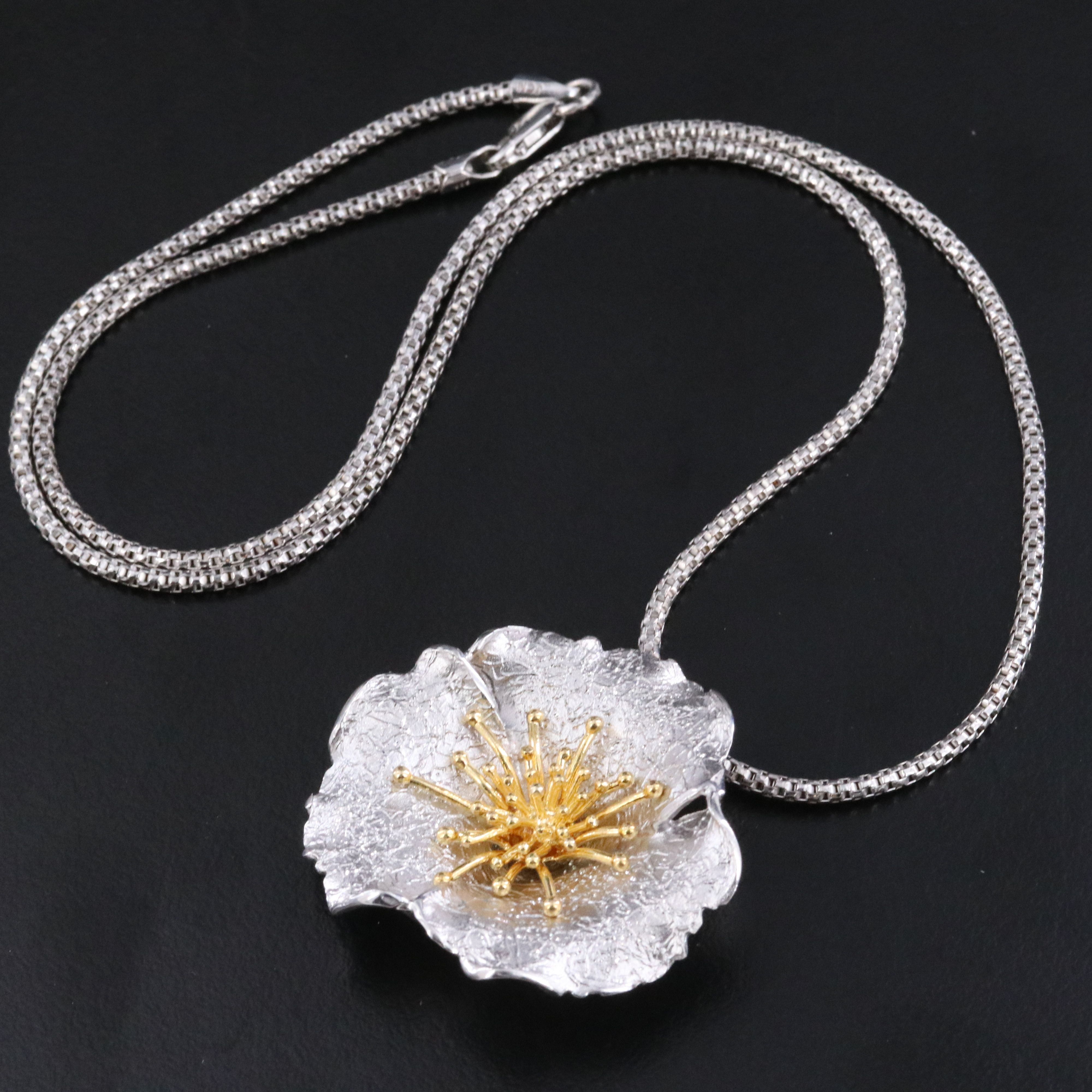 Sterling Flower Pendant on Popcorn Chain Necklace