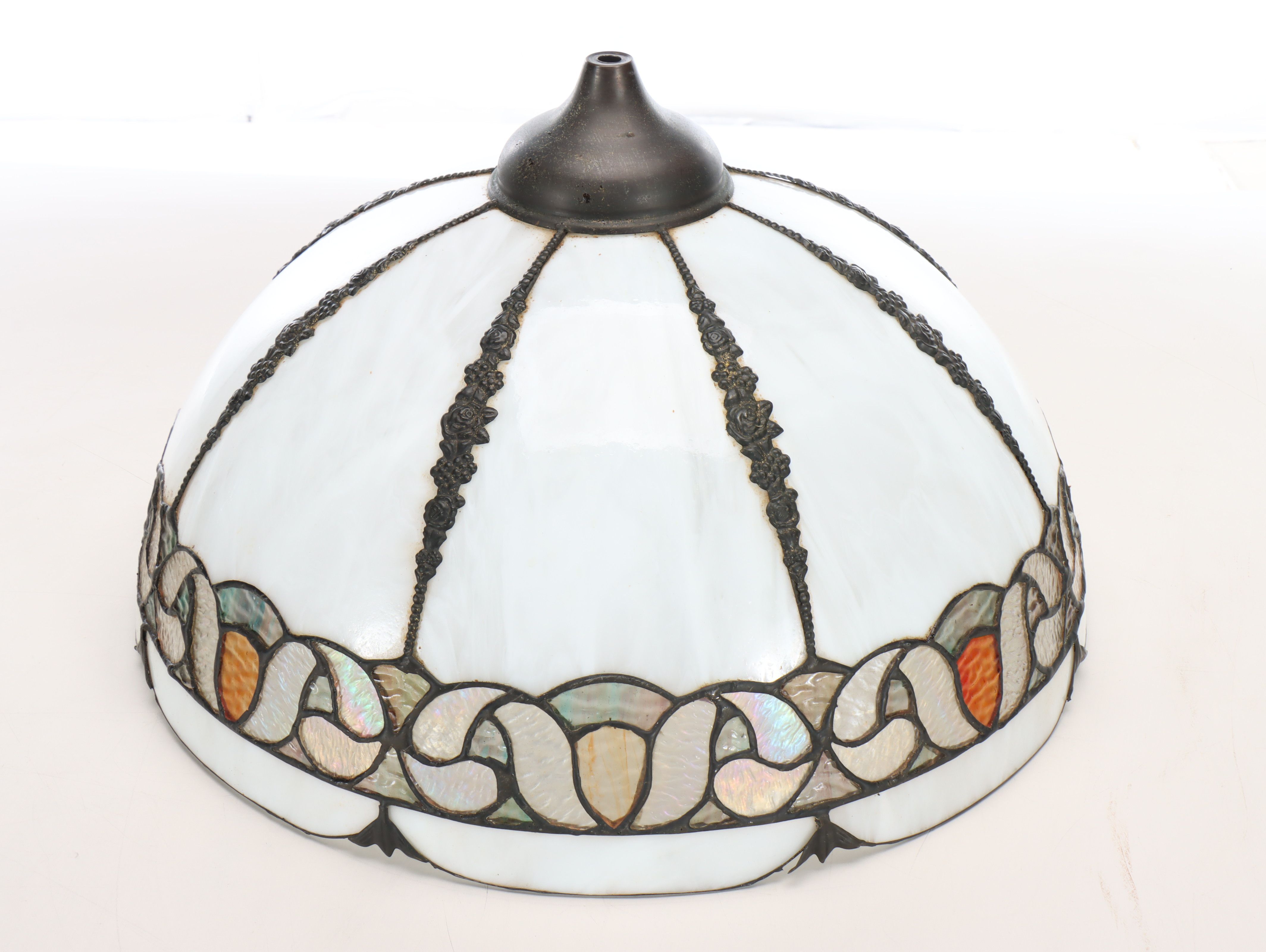 Art Nouveau Style Bronzed Spelter Lamp with Slag Glass Shade