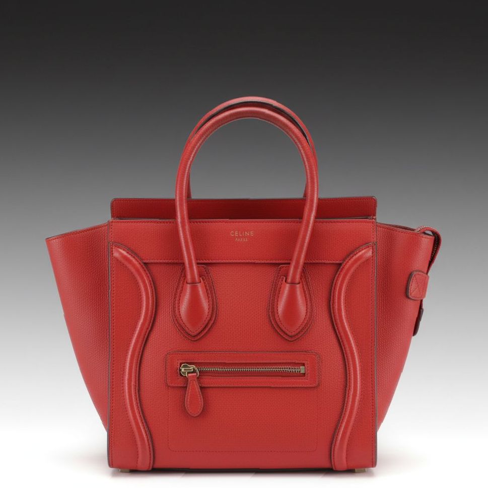 Céline Red Drummed Calfskin Leather Micro Luggage Handbag
