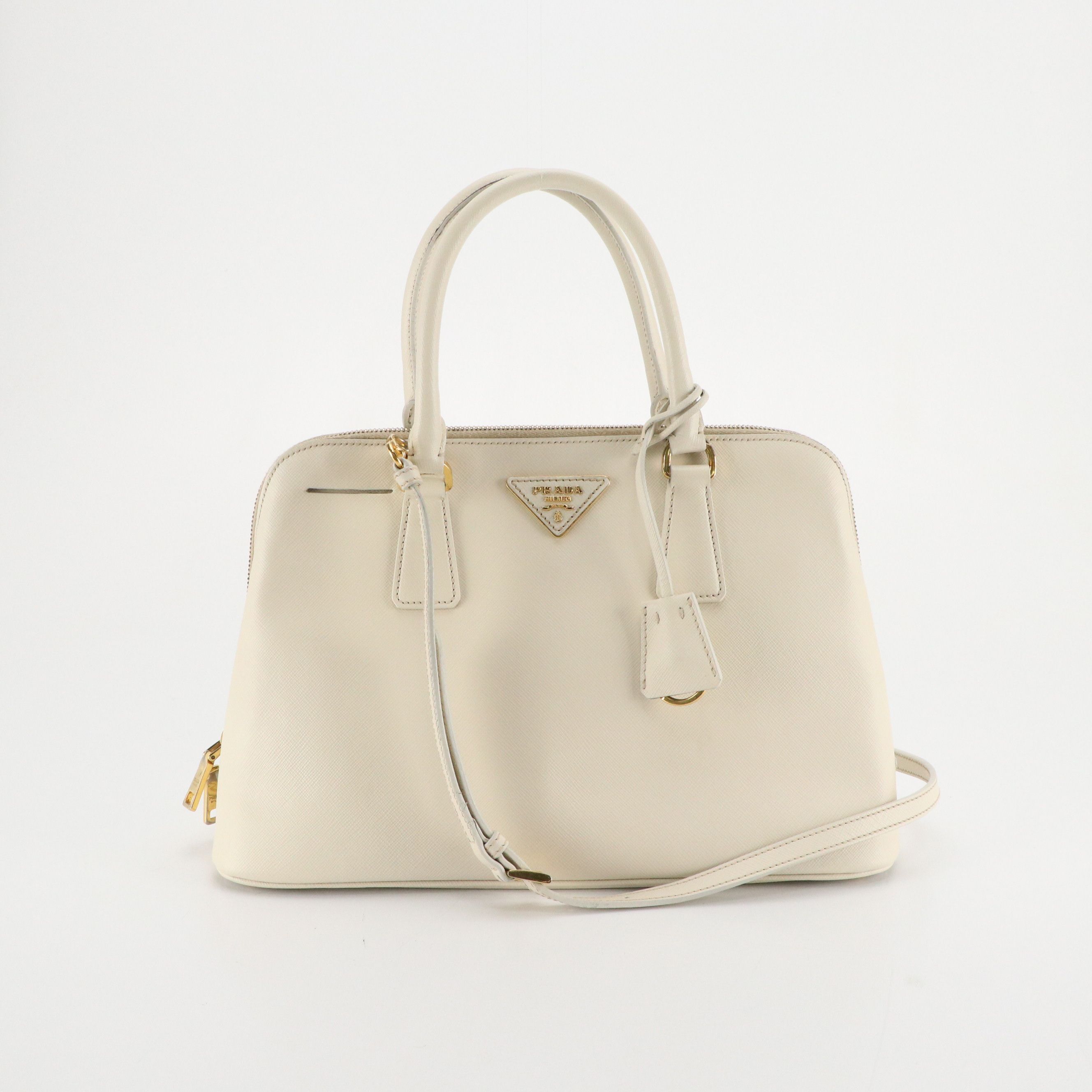 Prada Zippered Two-Way Tote in Ivory Saffiano Leather