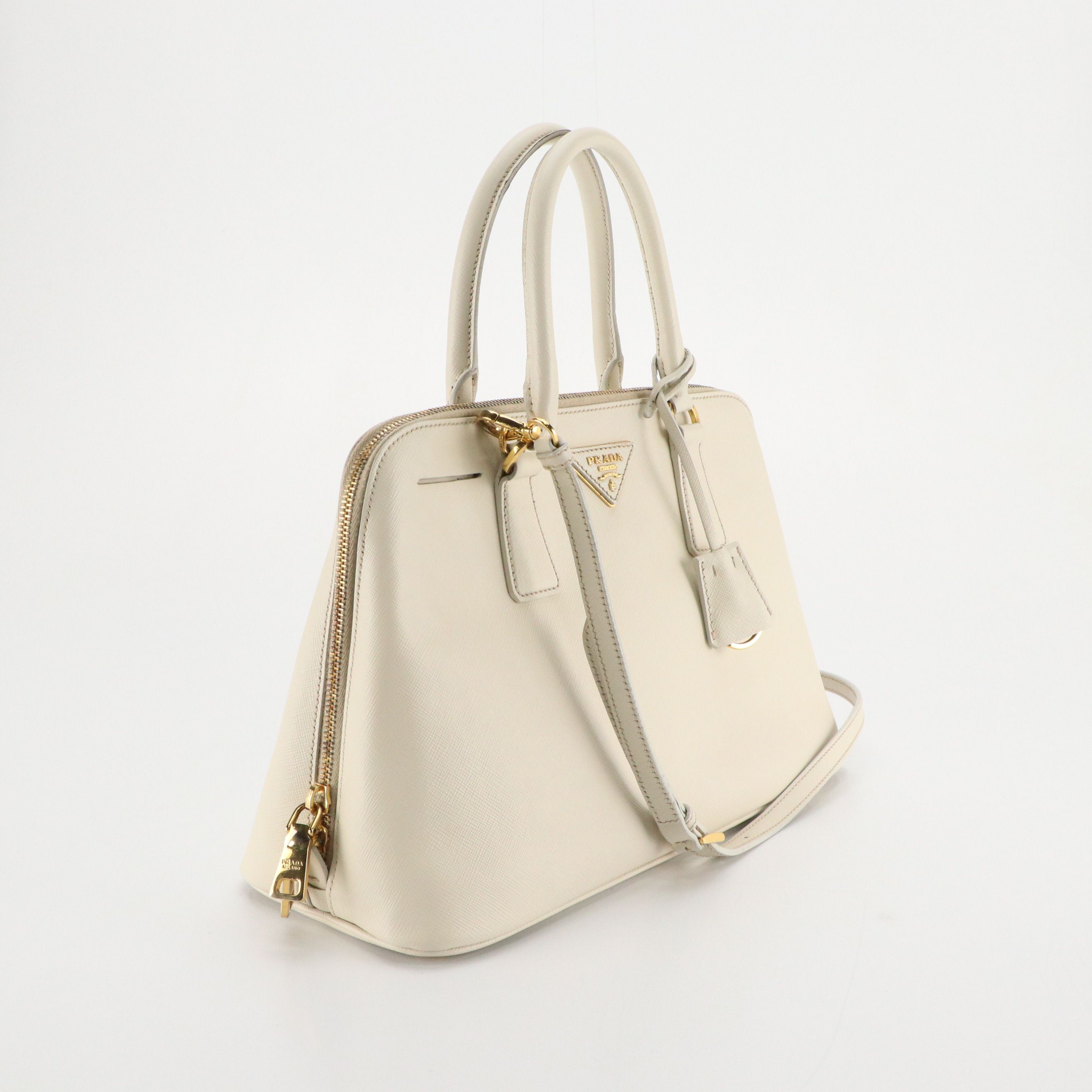 Prada Zippered Two-Way Tote in Ivory Saffiano Leather